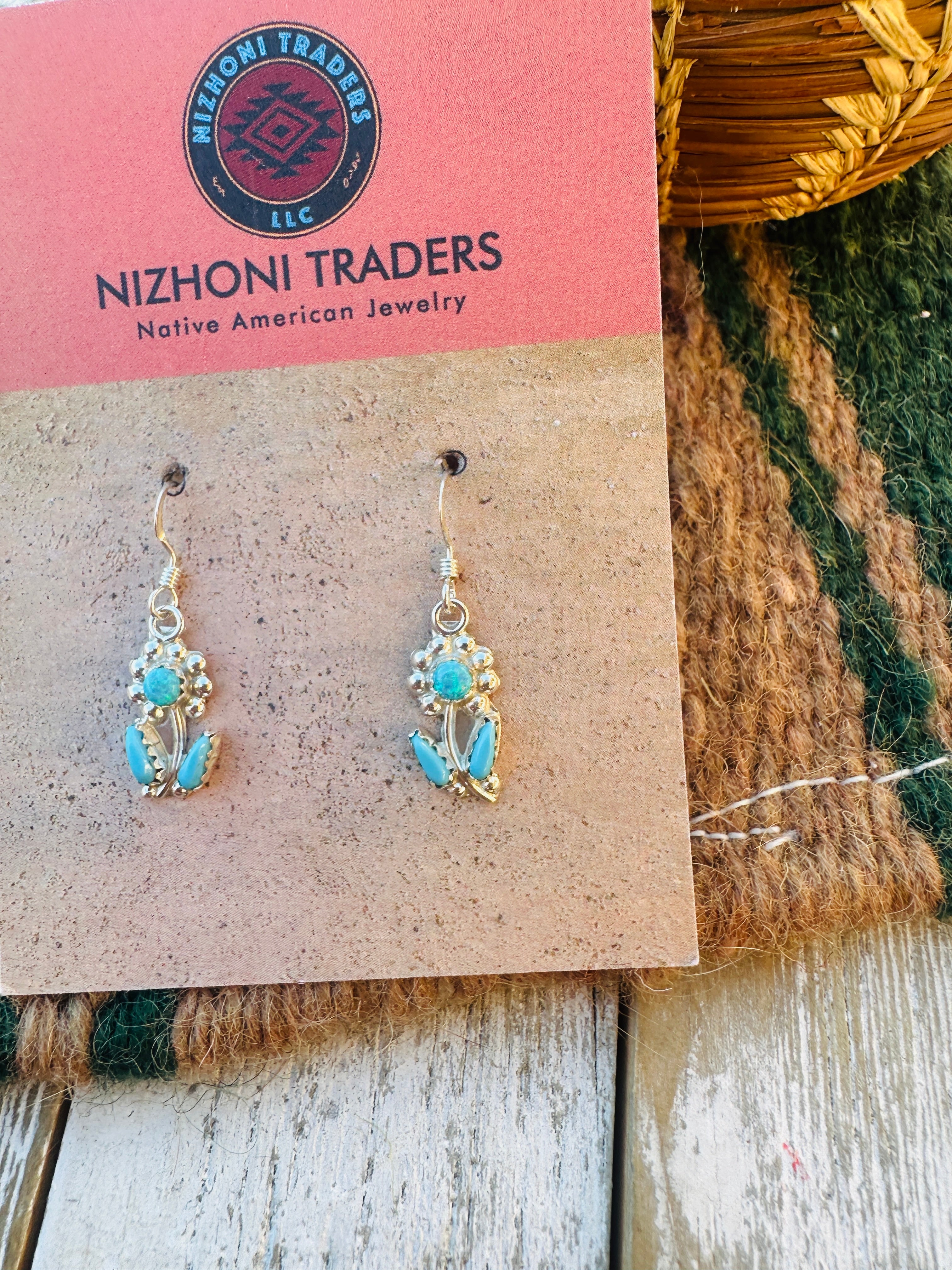 Handcrafted Turquoise, Light Blue Opal & Sterling Silver Flower Dangle Earrings