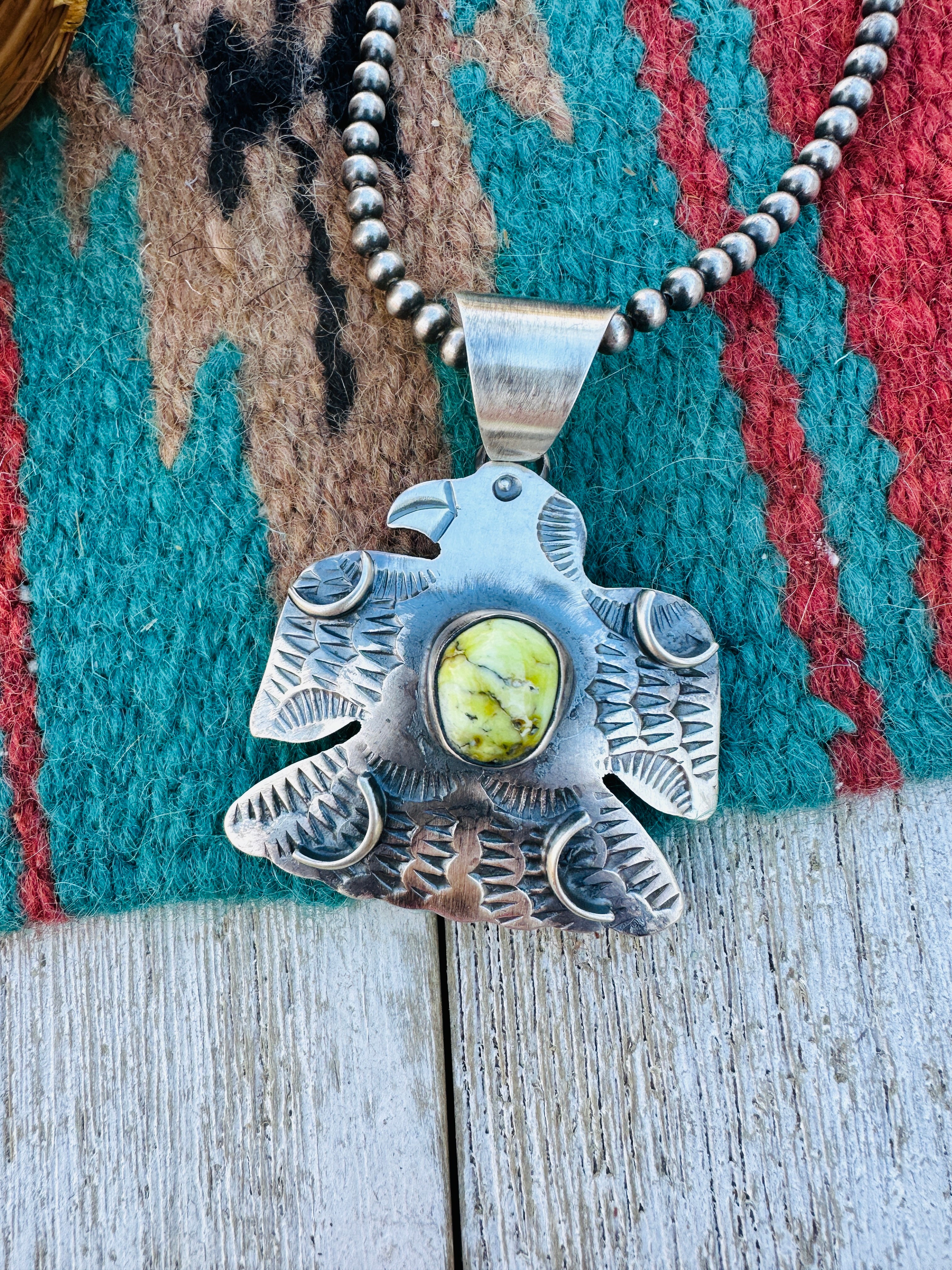 Handcrafted Sterling Silver & Palomino Turquoise Thunderbird Pendant by Chimney Butte