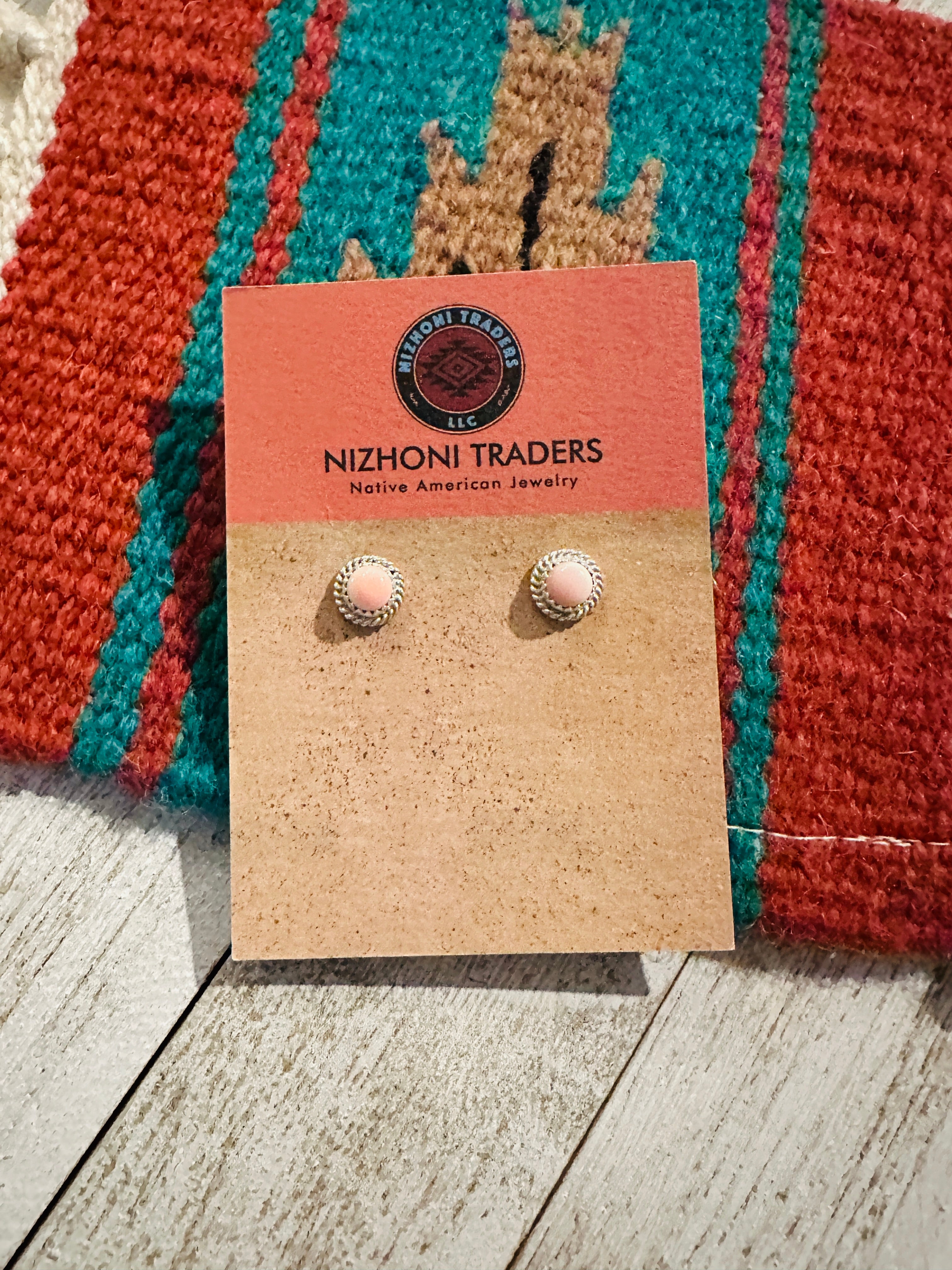 Navajo Queen Pink Conch & Sterling Silver Circle Stud Earrings