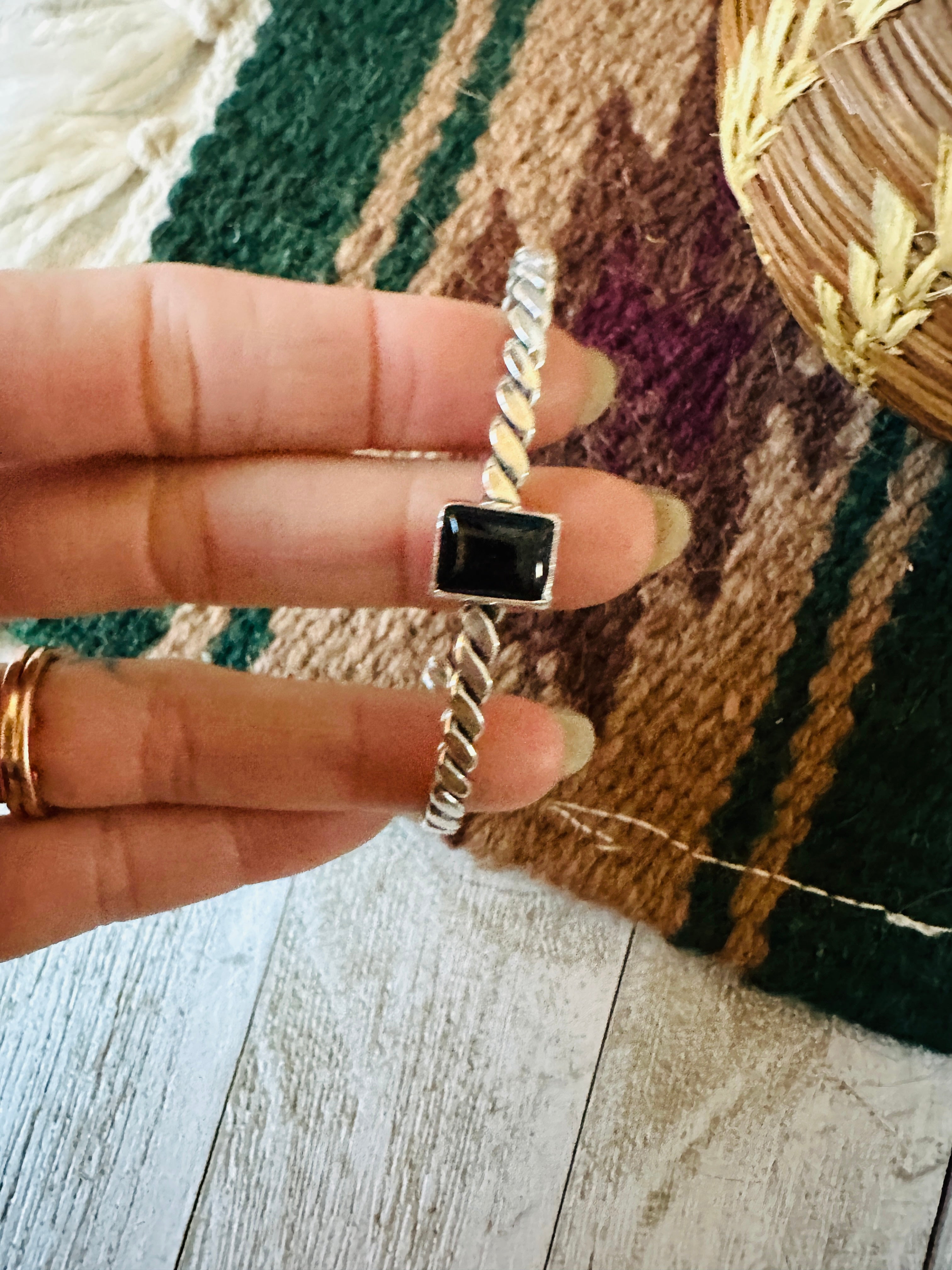 Navajo Onyx & Sterling Silver Square Cuff Bracelet