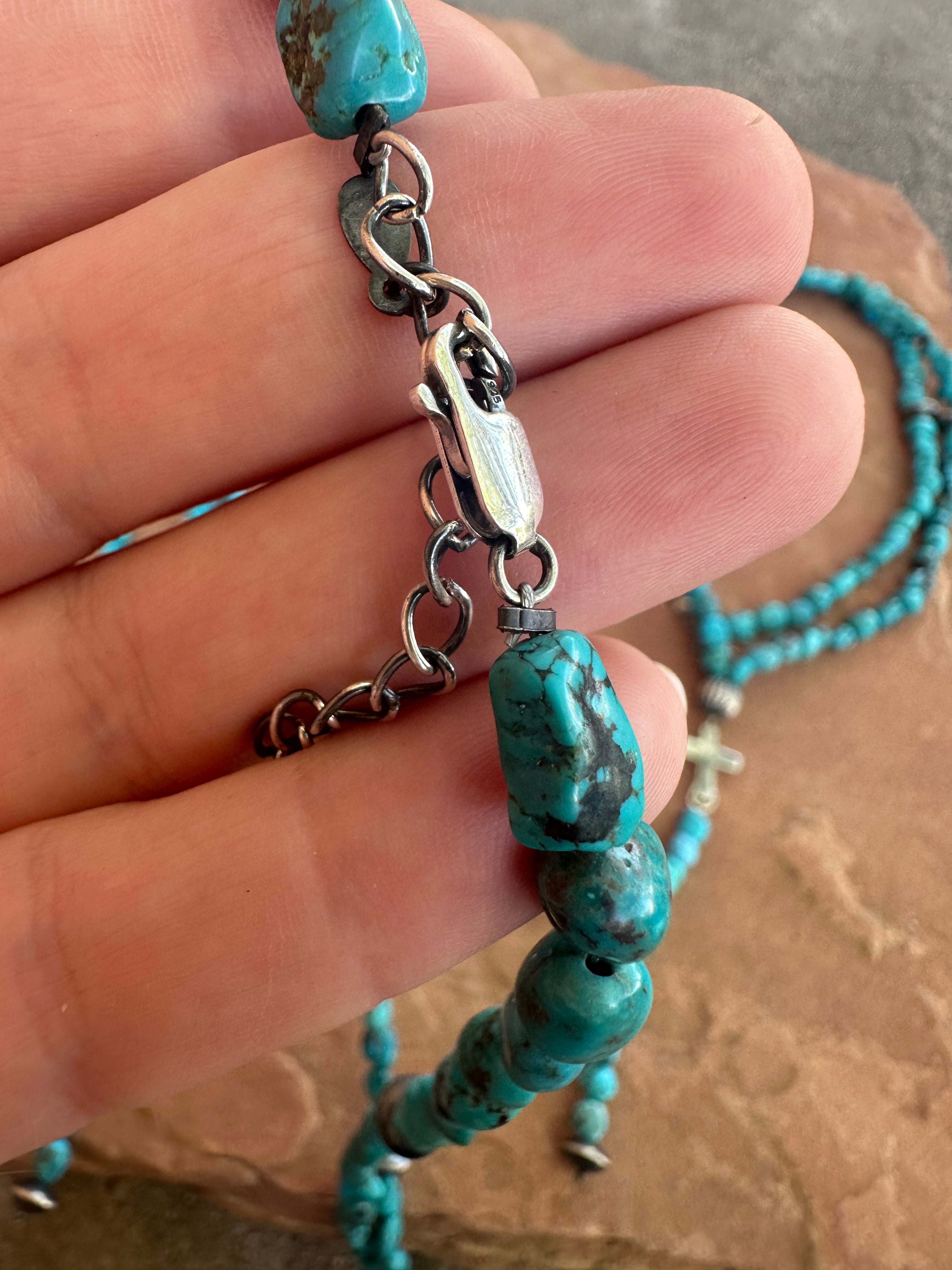 Nizhoni's Handmade Sterling Silver Turquoise Beaded Lariat Cross Neckl