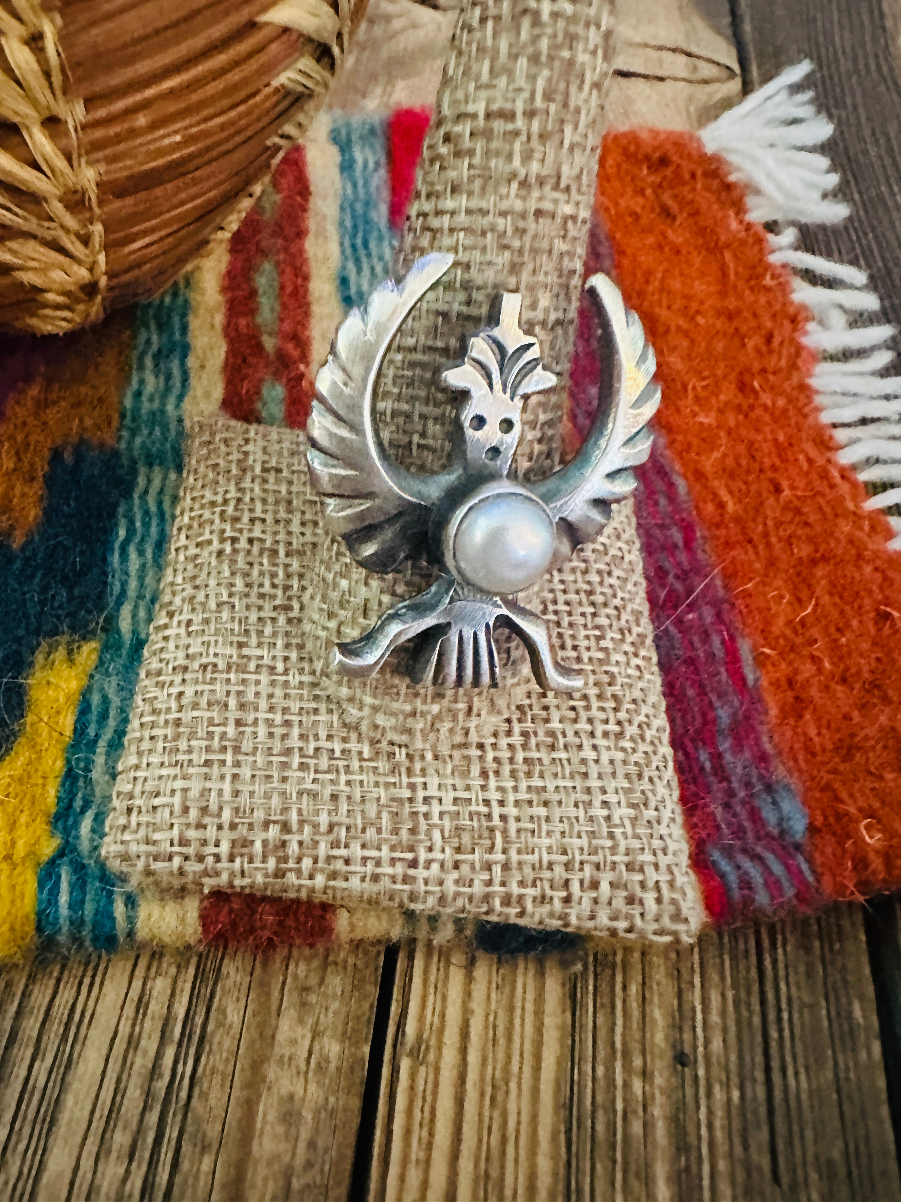 Handcrafted Pearl & Sterling Silver Thunderbird Ring size 10 by Chimney Butte