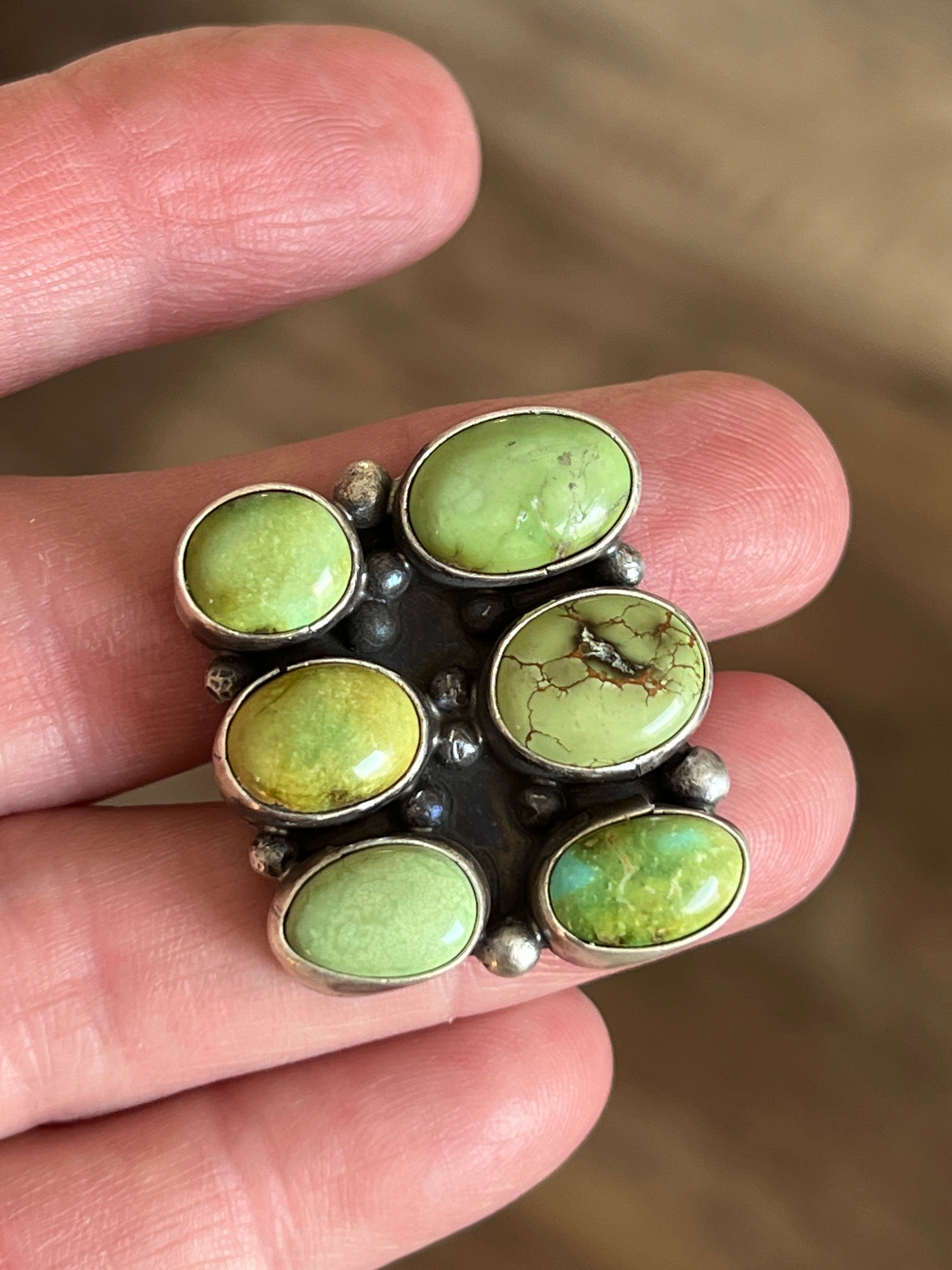 Handcrafted Sterling Silver and Sonoran Gold Turquoise Cluster Rings by Travis Jim, Size 8