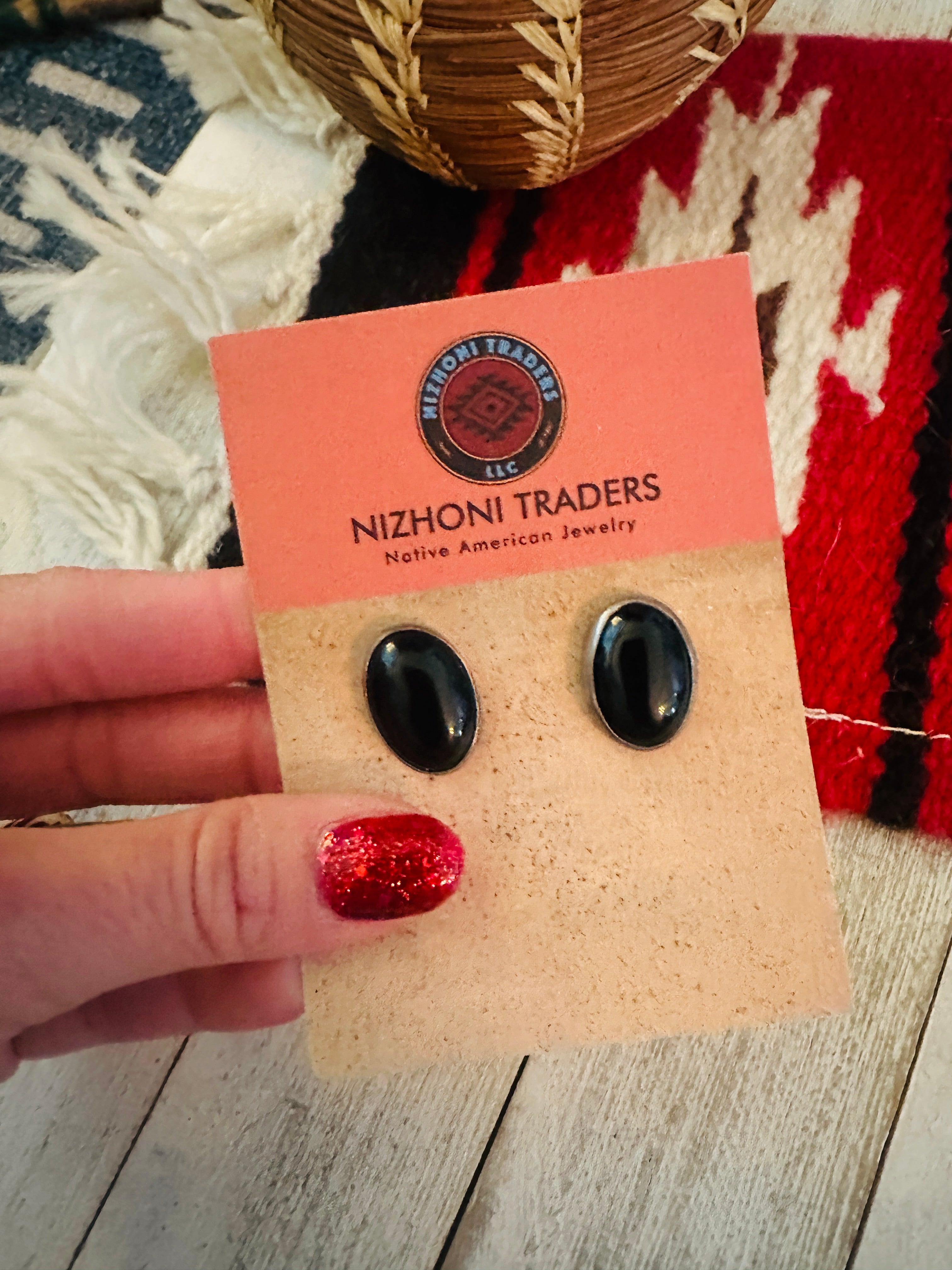 Navajo Onyx & Sterling Silver Stud Earrings