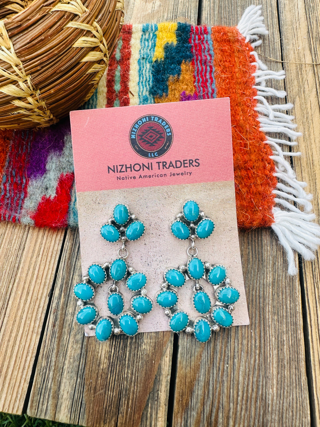 Handcrafted Emerald Valley Turquoise & Sterling Silver Cluster Dangle Earrings