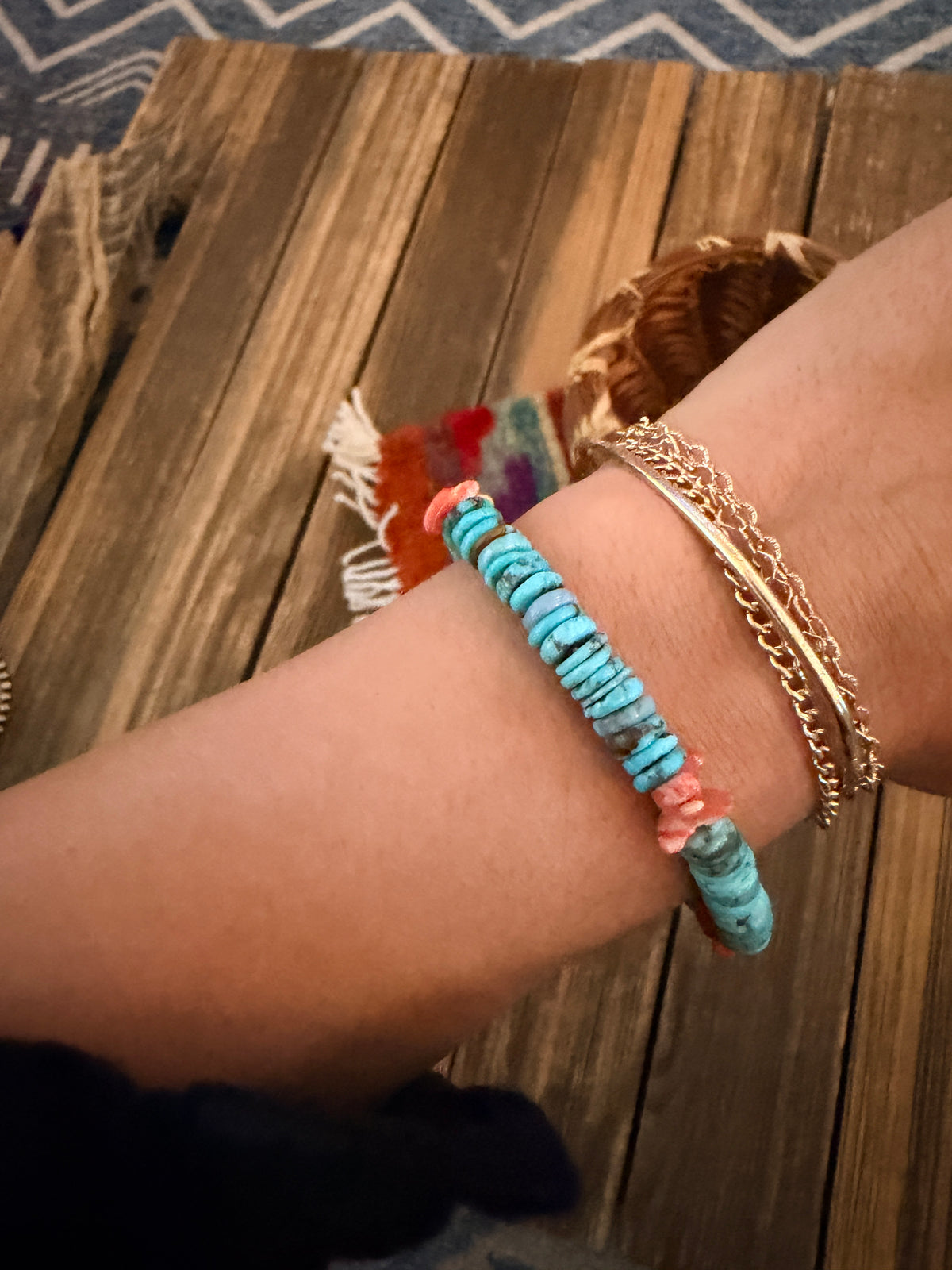 Handcrafted Turquoise and Spiny Oyster Beaded Stretch Bracelet