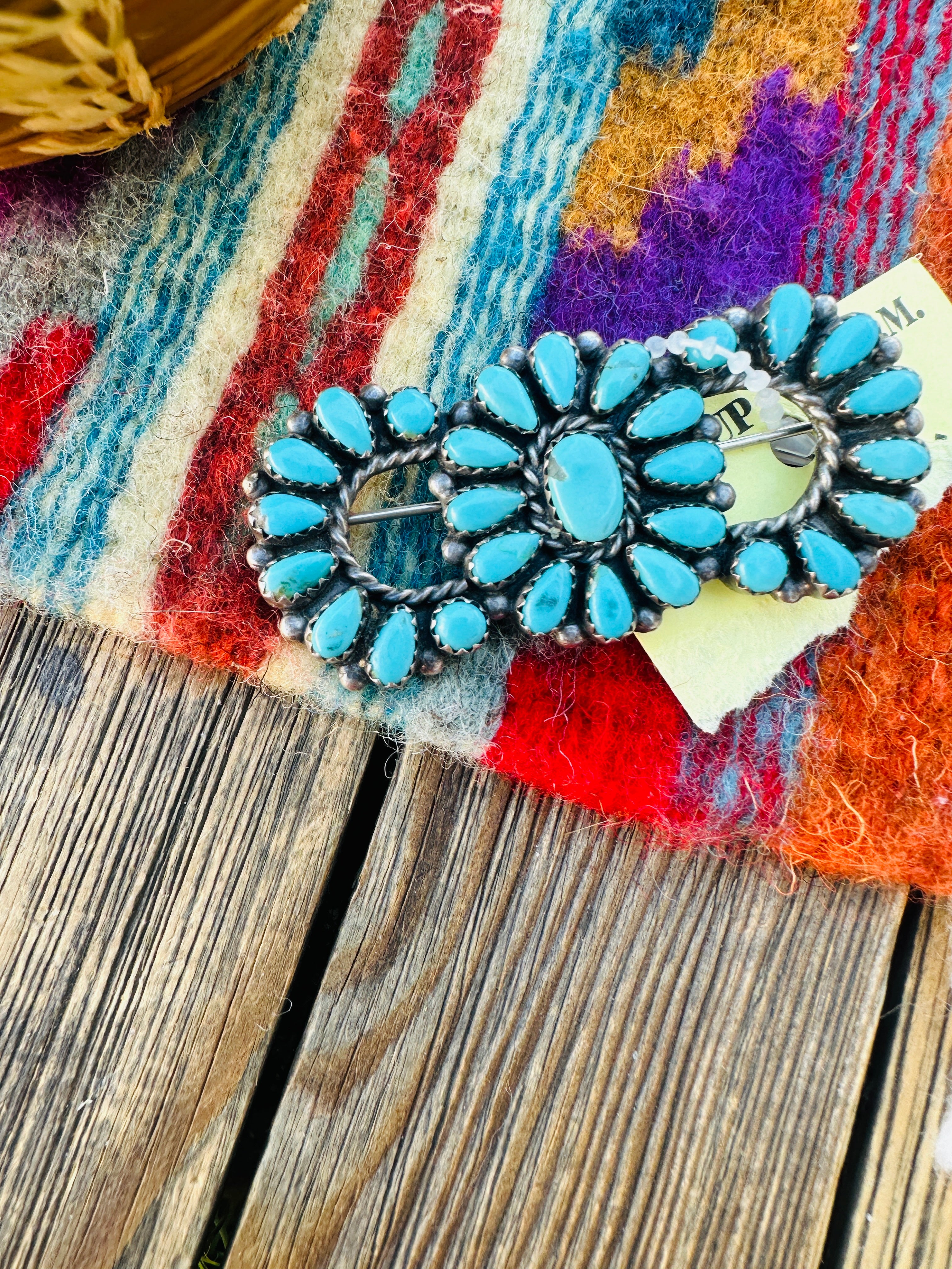 Old Pawn Handcrafted Turquoise and Sterling Silver Cluster Brooch