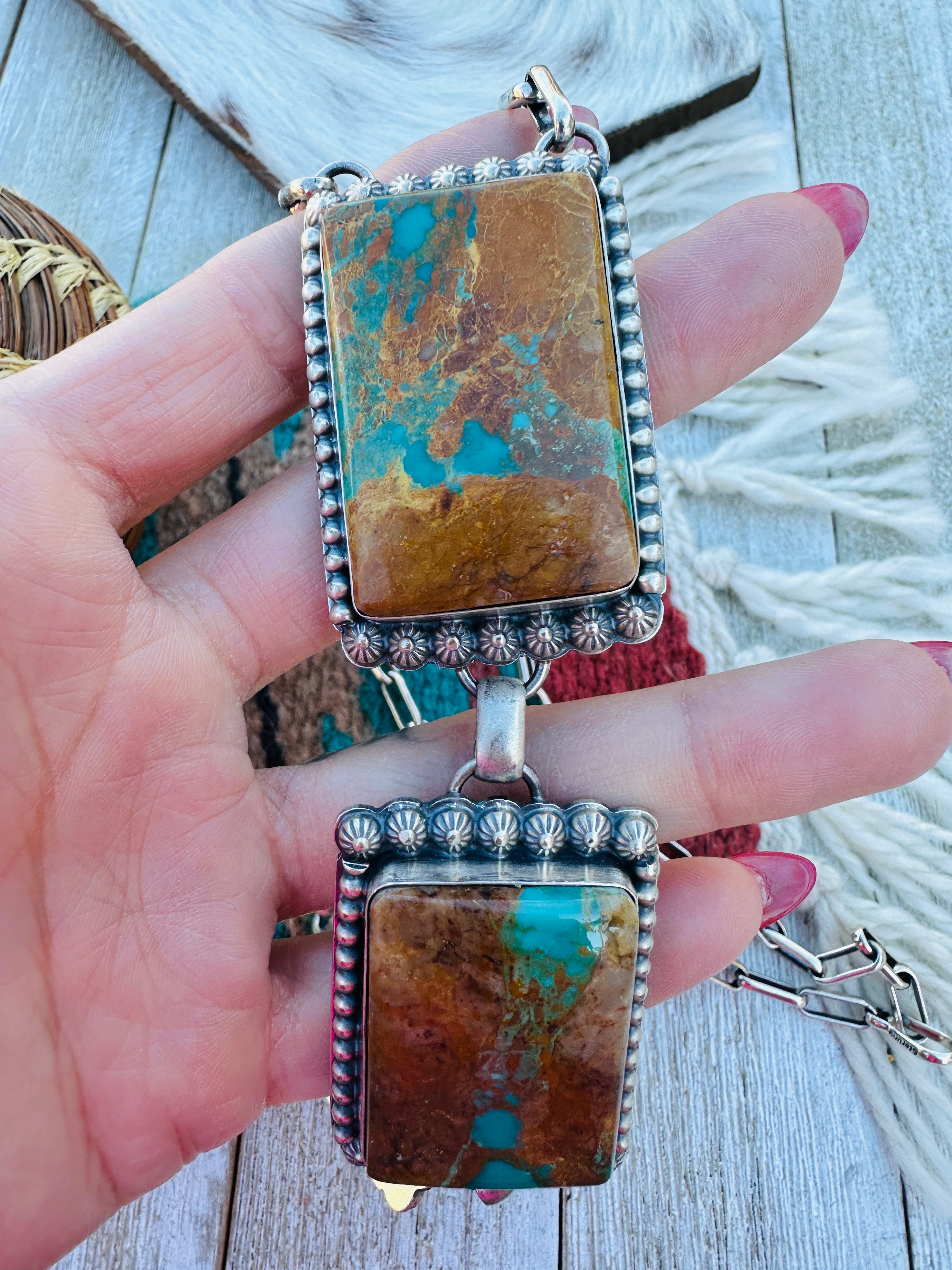 Handcrafted Ribbon Turquoise & Sterling Silver Lariat Necklace