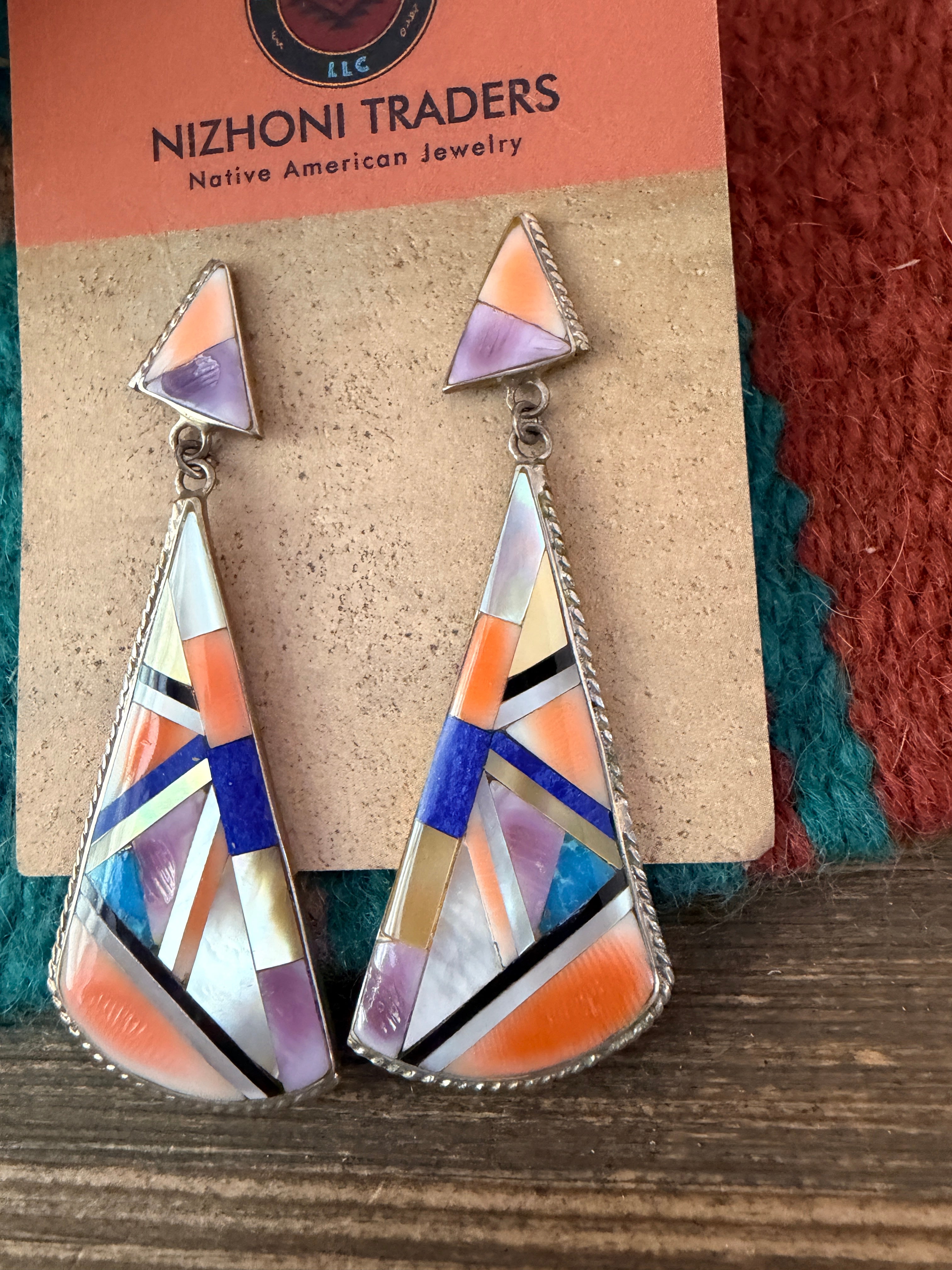 Old Pawn Handcrafted Sterling Silver & Multi Stone Inlay Dangle Earrings