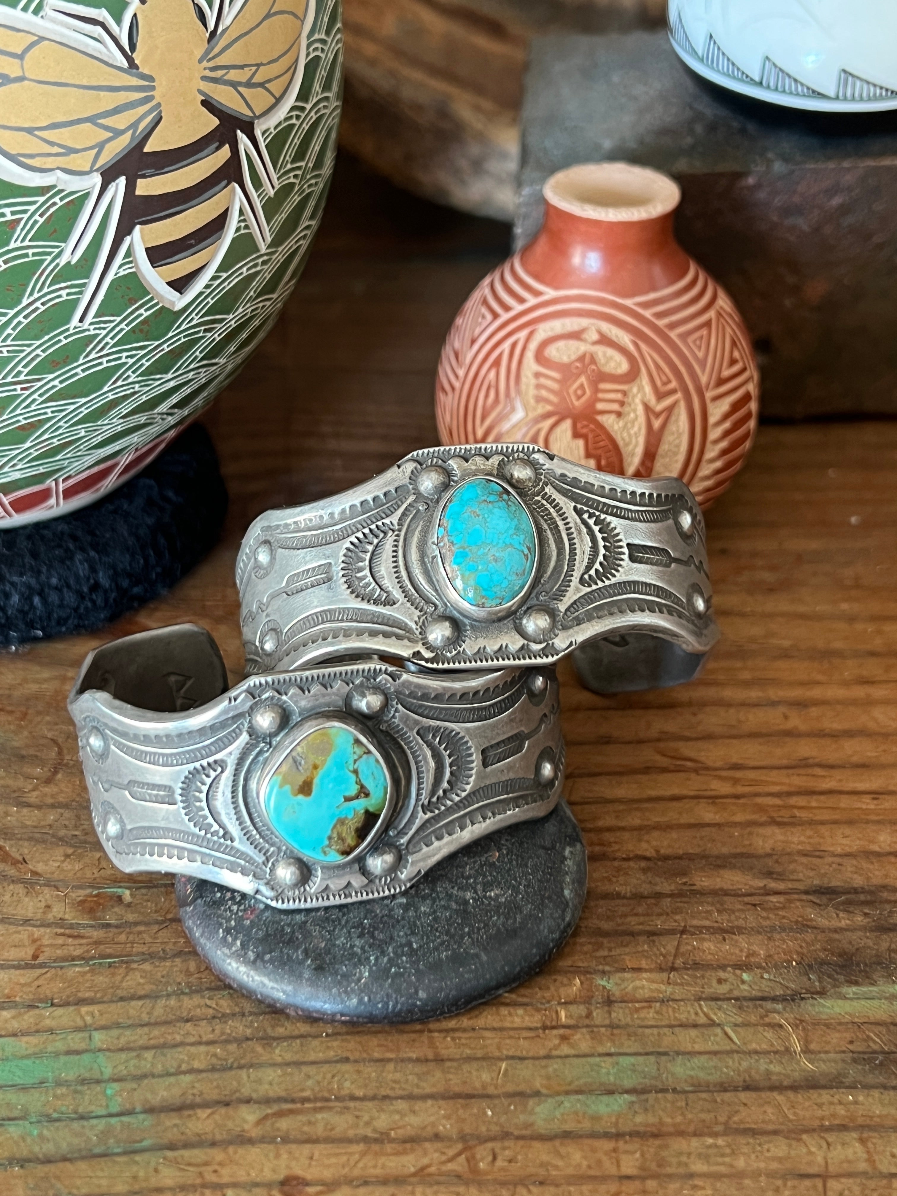 Hand Forged Old Pawn Sterling Silver & Turquoise Ingot Cuff Bracelets by Santa Fe Artist, Buffalo: The Twins