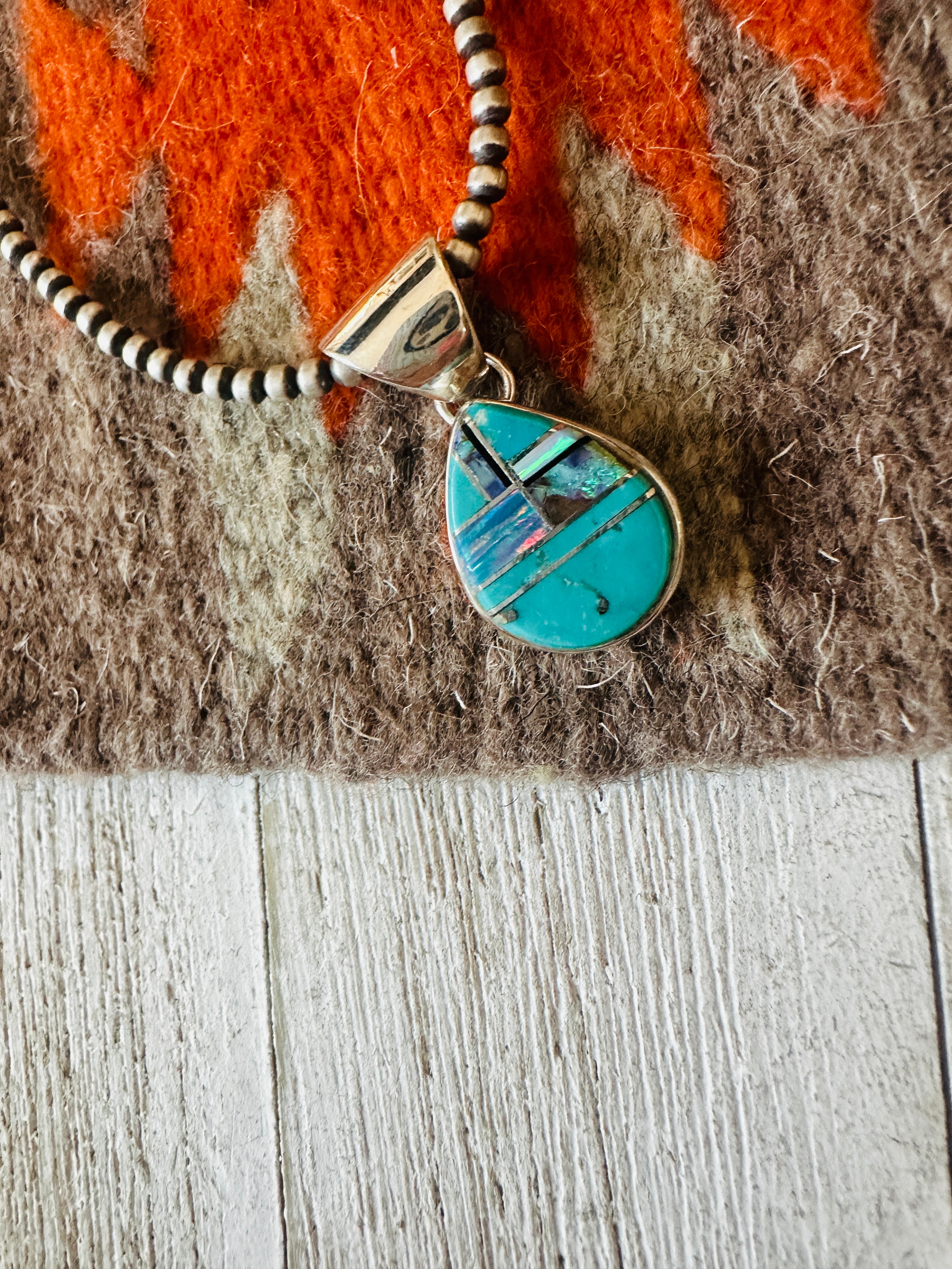 Navajo Multi Stone & Sterling Silver Inlay Teardrop Pendant