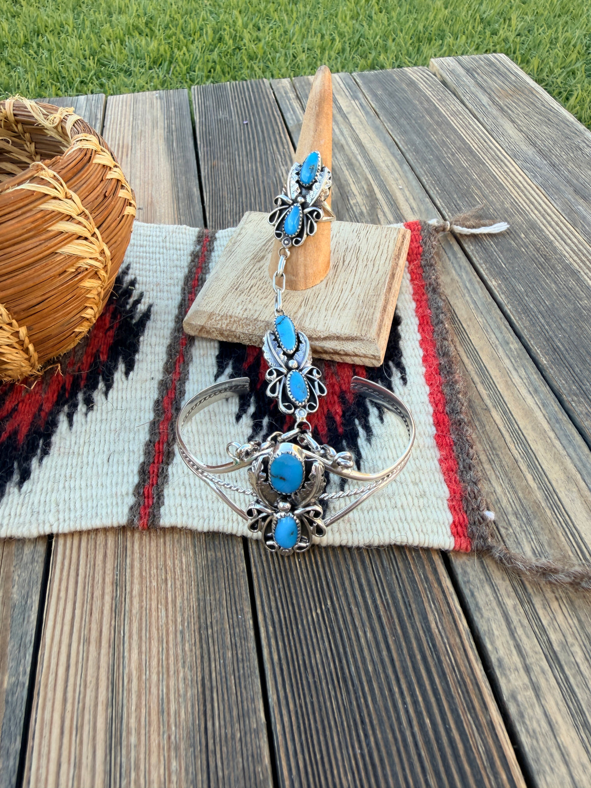 Handcrafted Turquoise & Sterling Silver Hand Chain Cuff Bracelet by Harry Yazzie