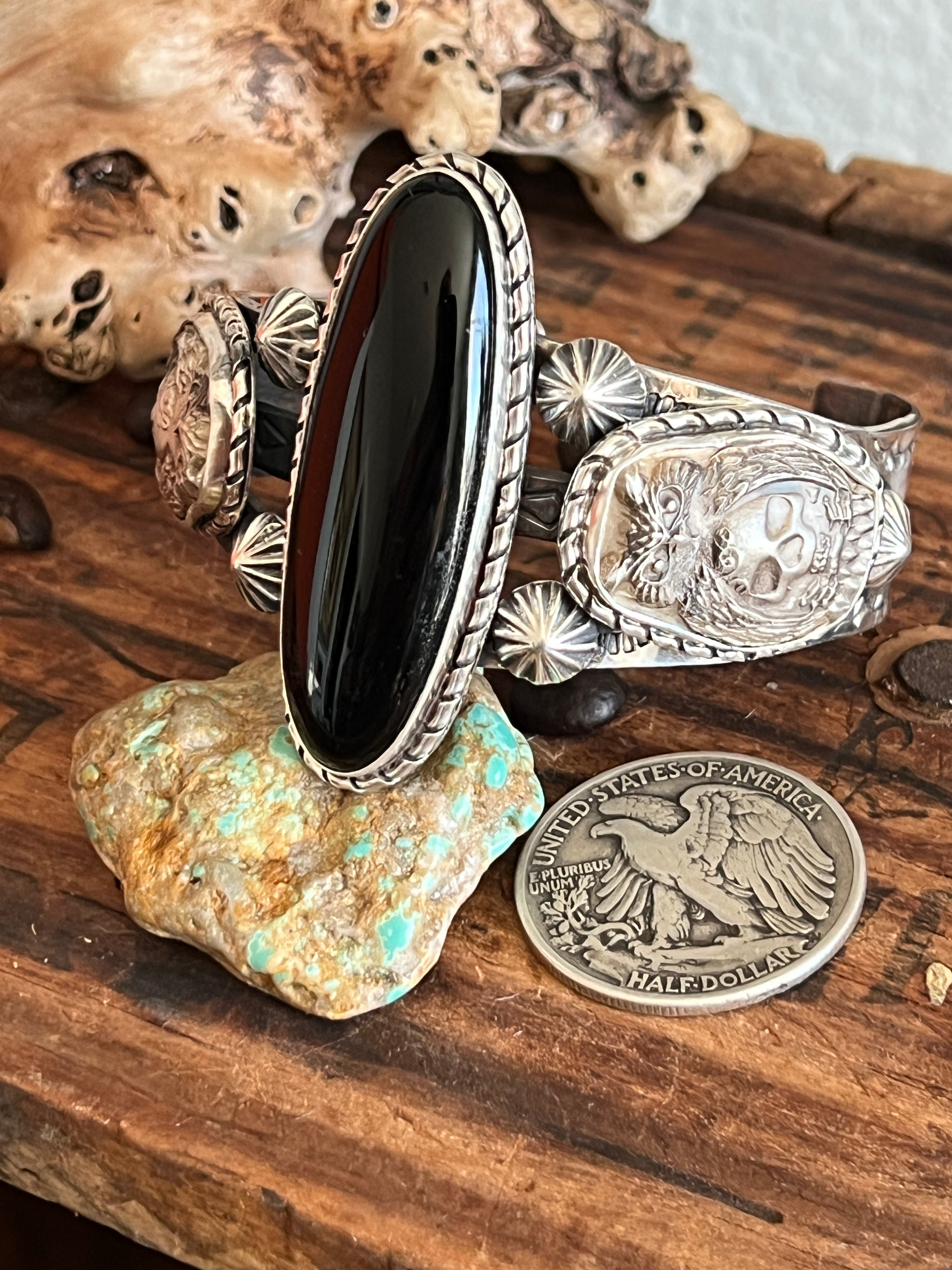 Sterling Silver Handcrafted Cuff Bracelet with Onyx, Owl and Skull Detail, Taller Stone