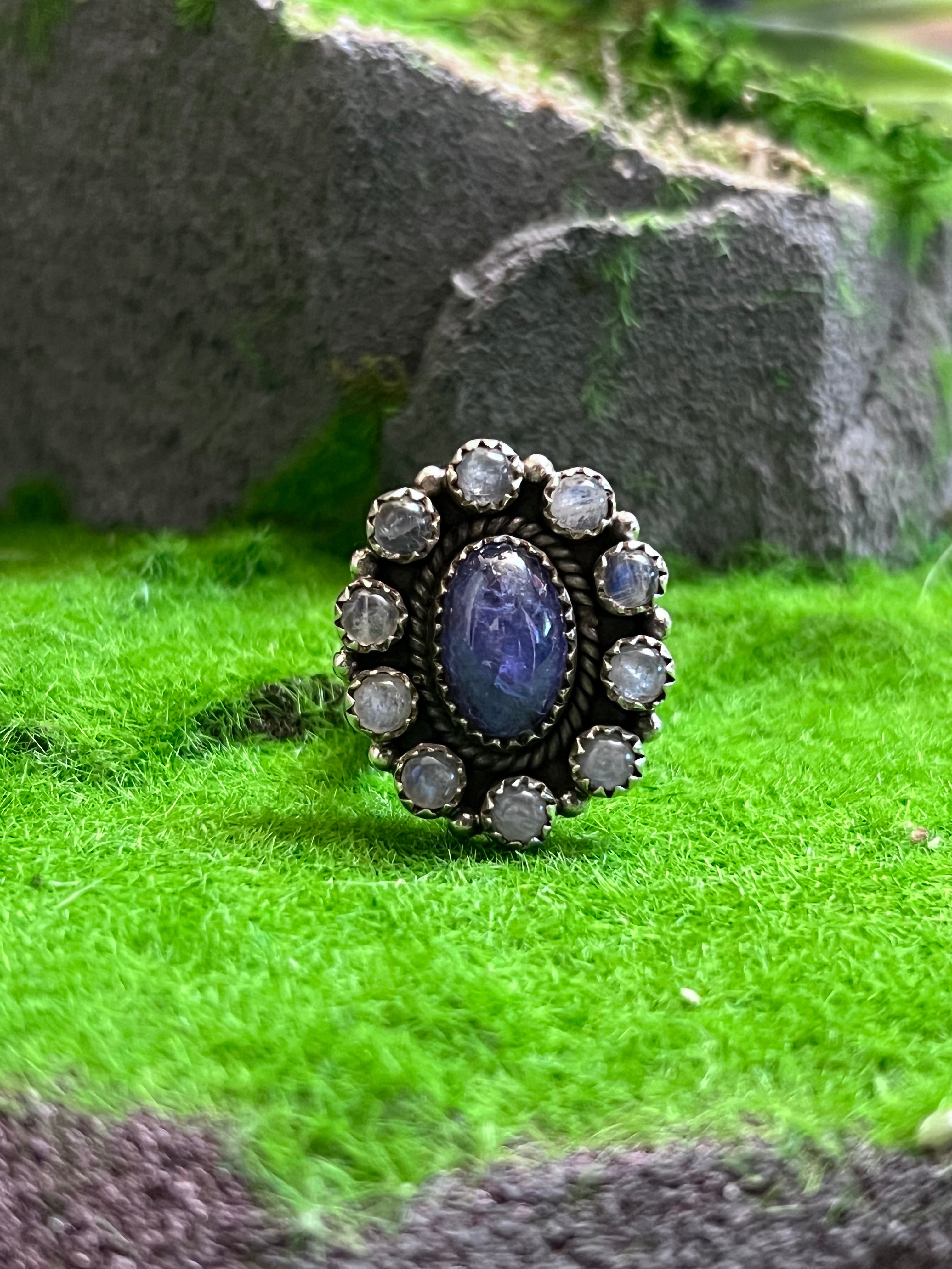 Handmade Oval Shaped Moonstone Cluster Sterling Silver Adjustable Ring