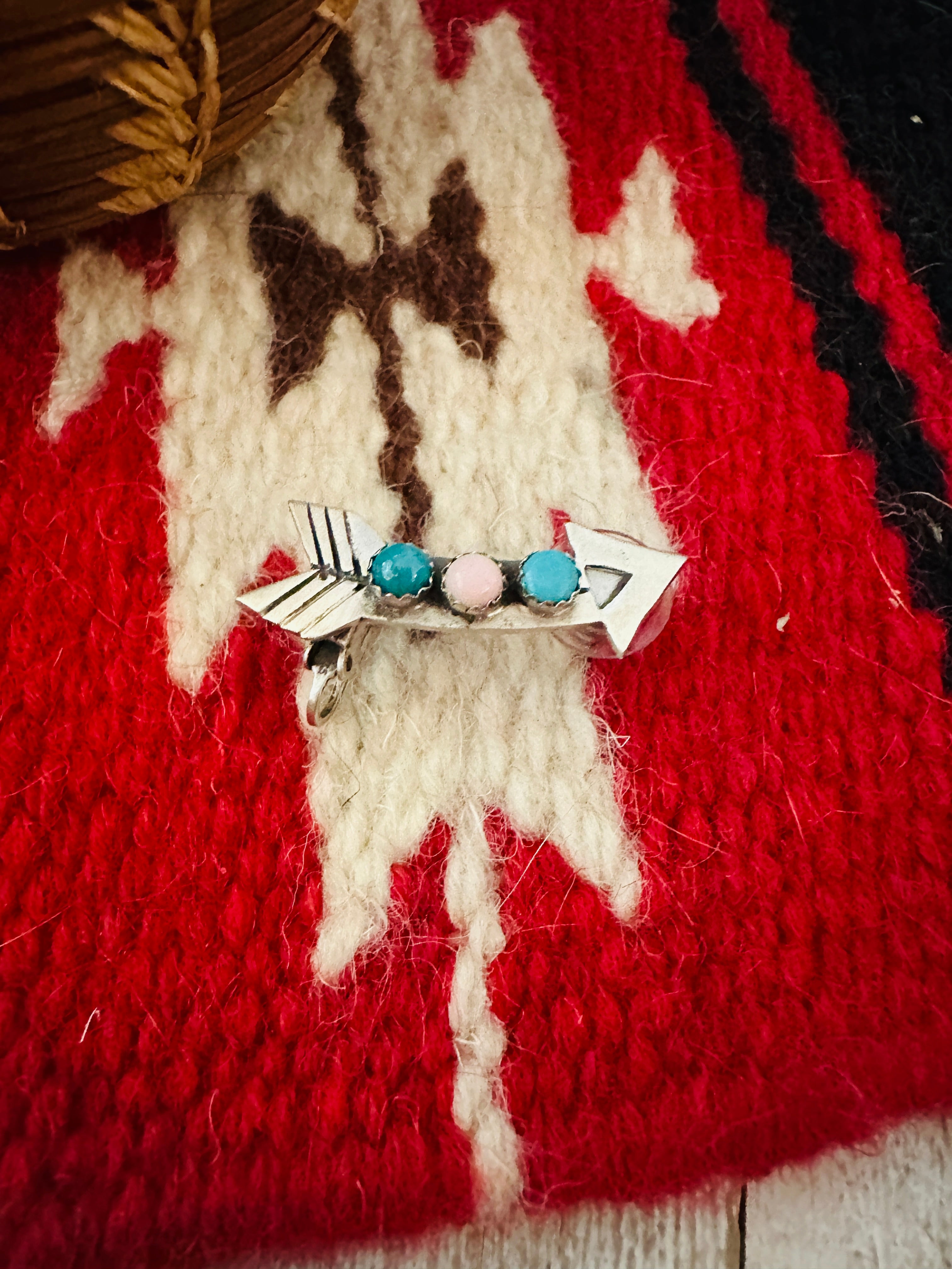 Navajo Turquoise, Queen Pink Conch & Sterling Silver Arrow Earring