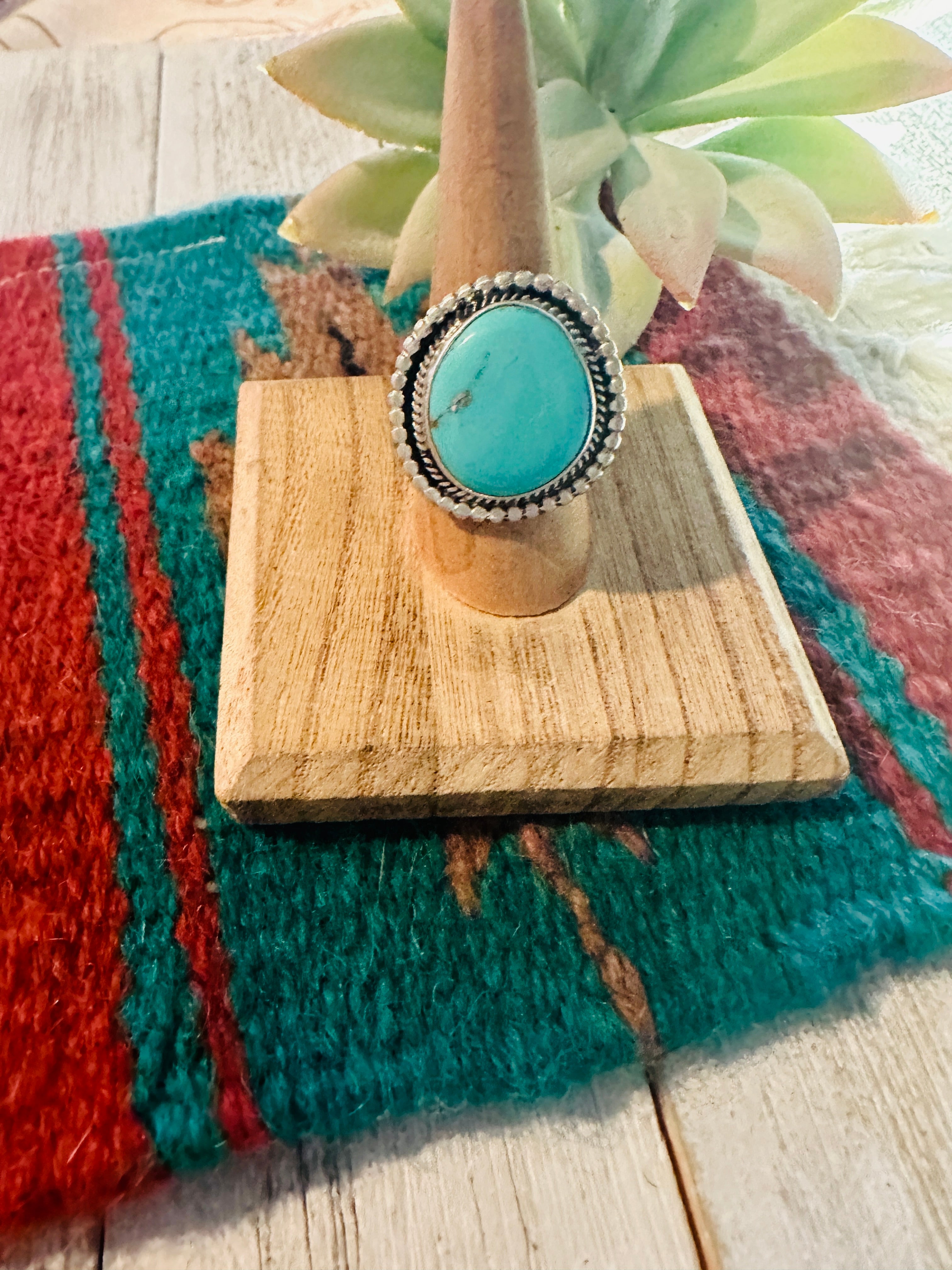 Navajo Morenci Turquoise & Sterling Silver Ring Size 8 Signed