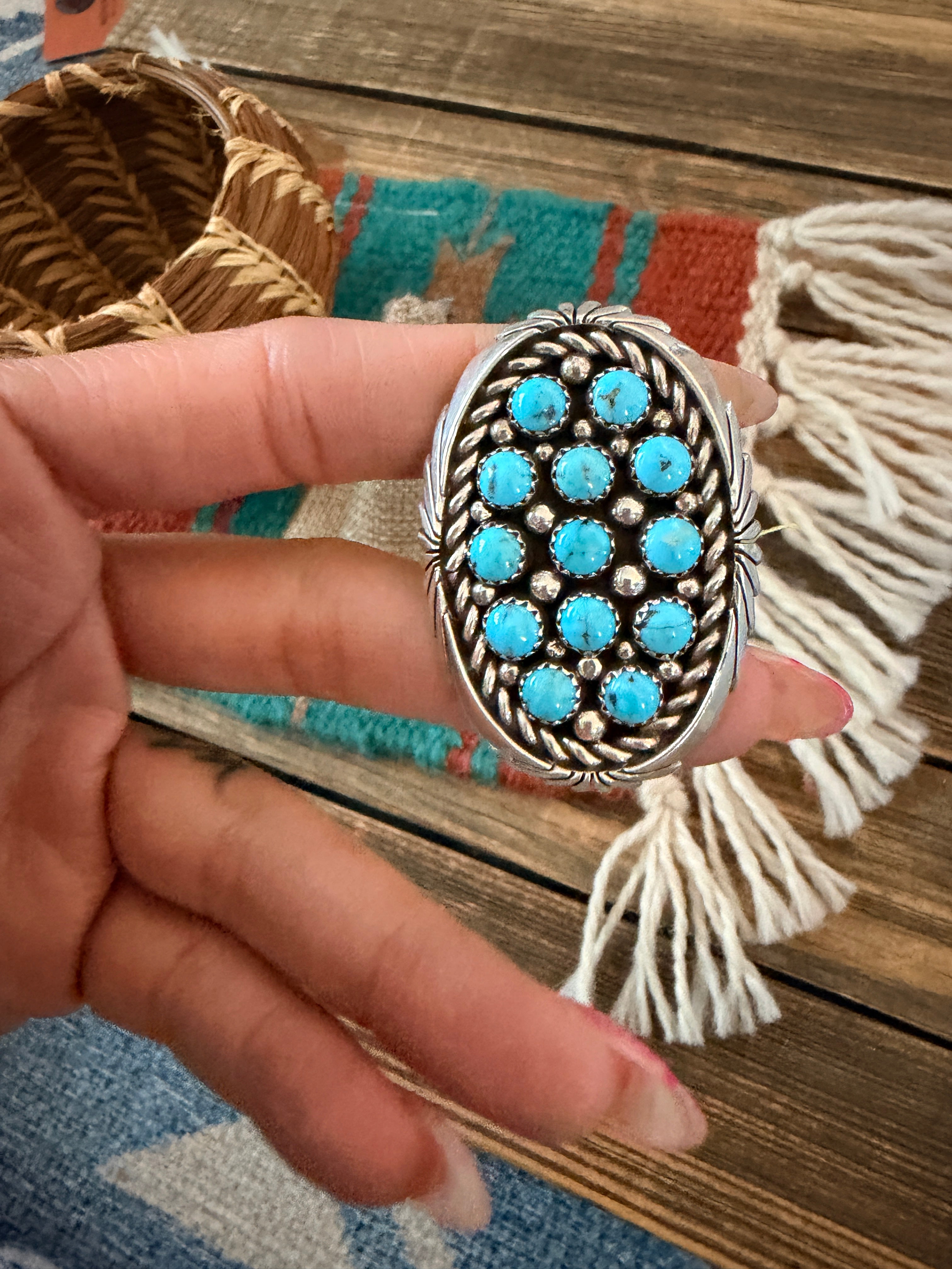 Old Pawn Handcrafted Turquoise & Sterling Silver Cluster Adjustable Ring