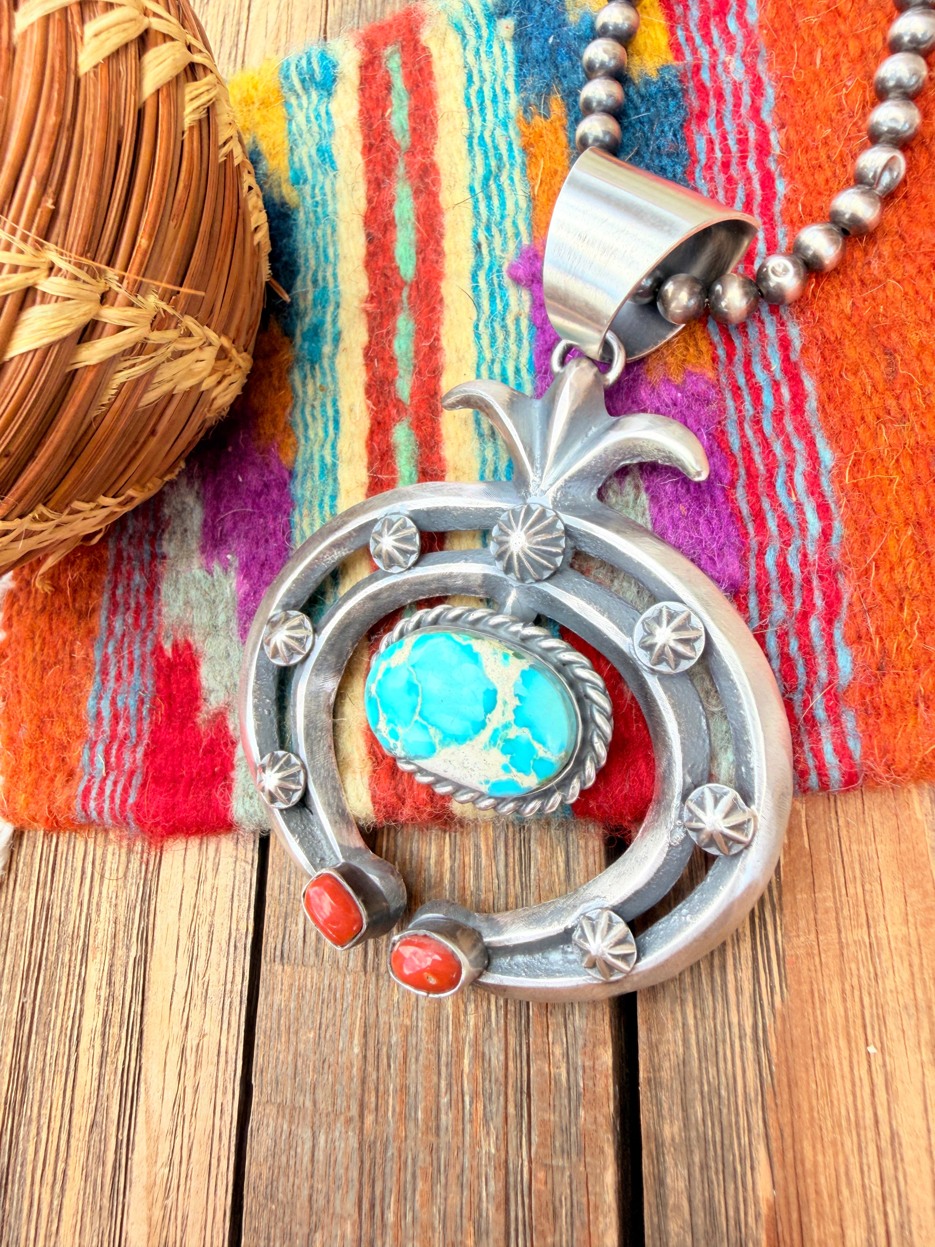 Handcrafted Sterling Silver, Turquoise & Coral Naja Pendant by Chimney Butte