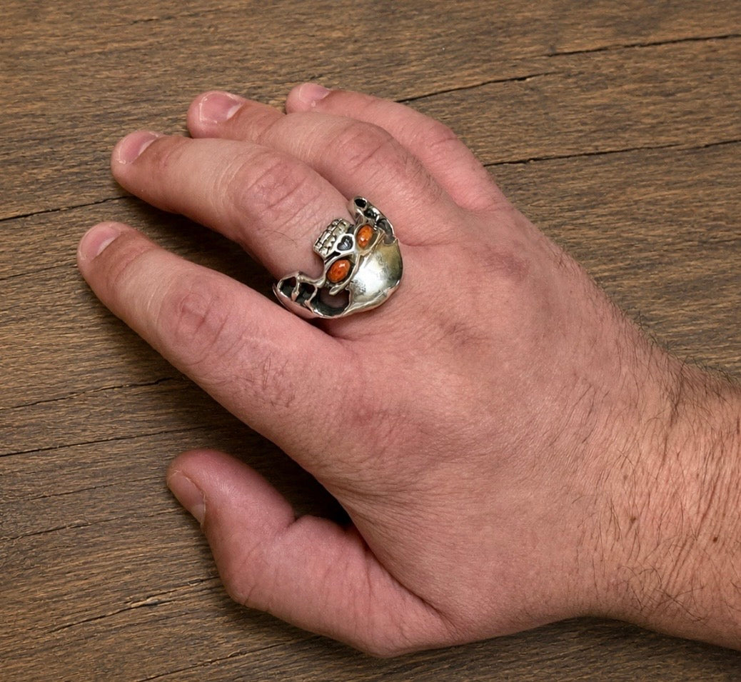 Sterling Silver Skull Ring With Coral