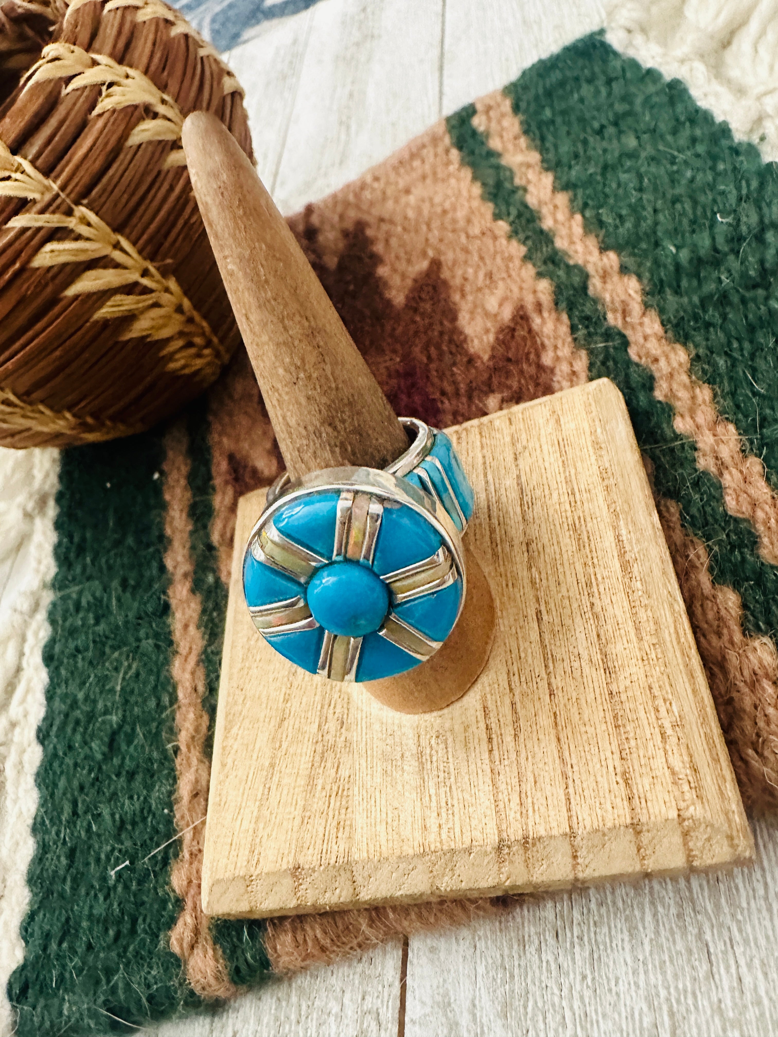 Navajo Sterling Silver, Turquoise & Opal Inlay Band Ring Size 7.5