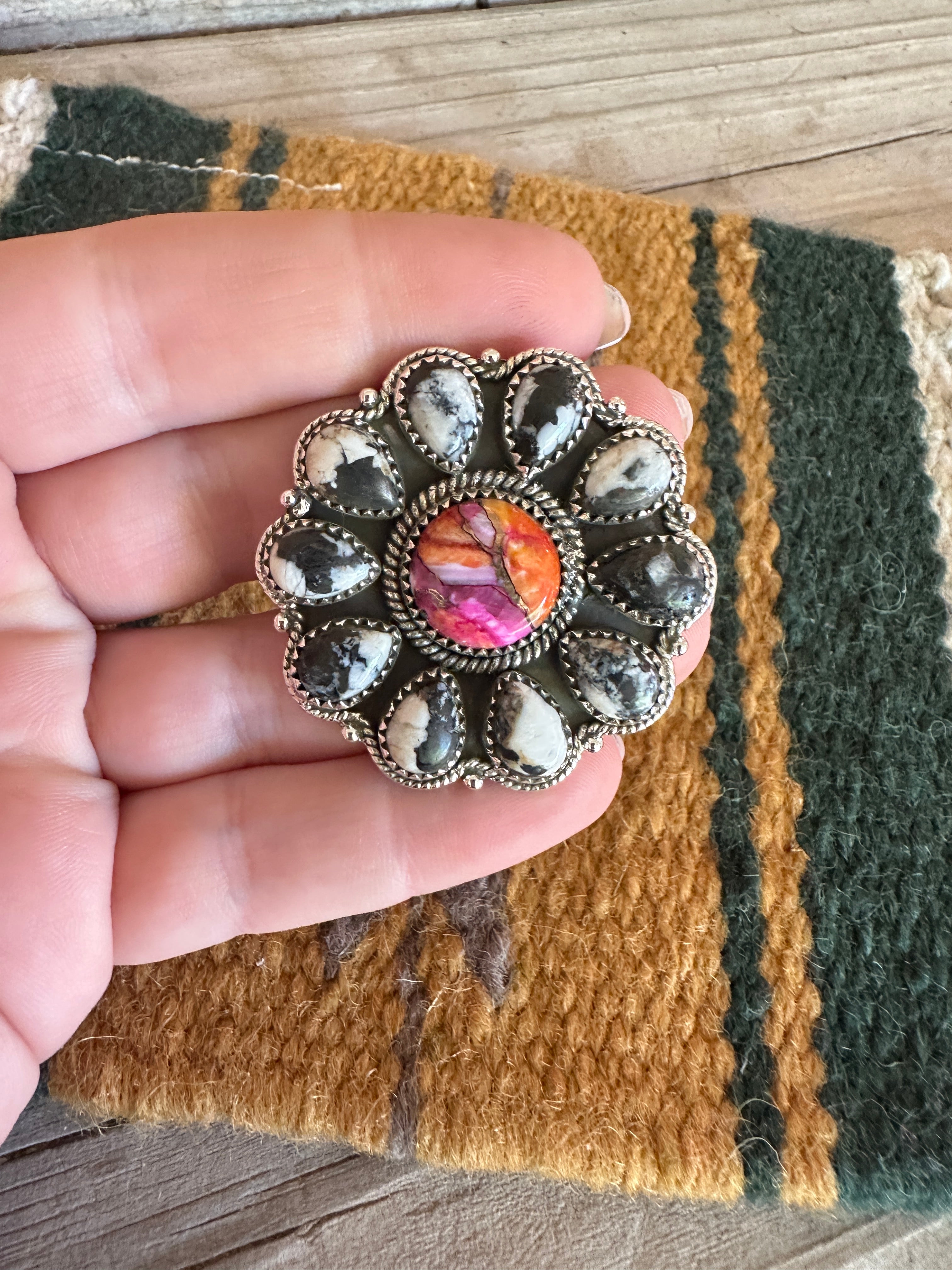 Beautiful Handmade Pink Dream Mojave, White Buffalo And Sterling Silver Adjustable Ring