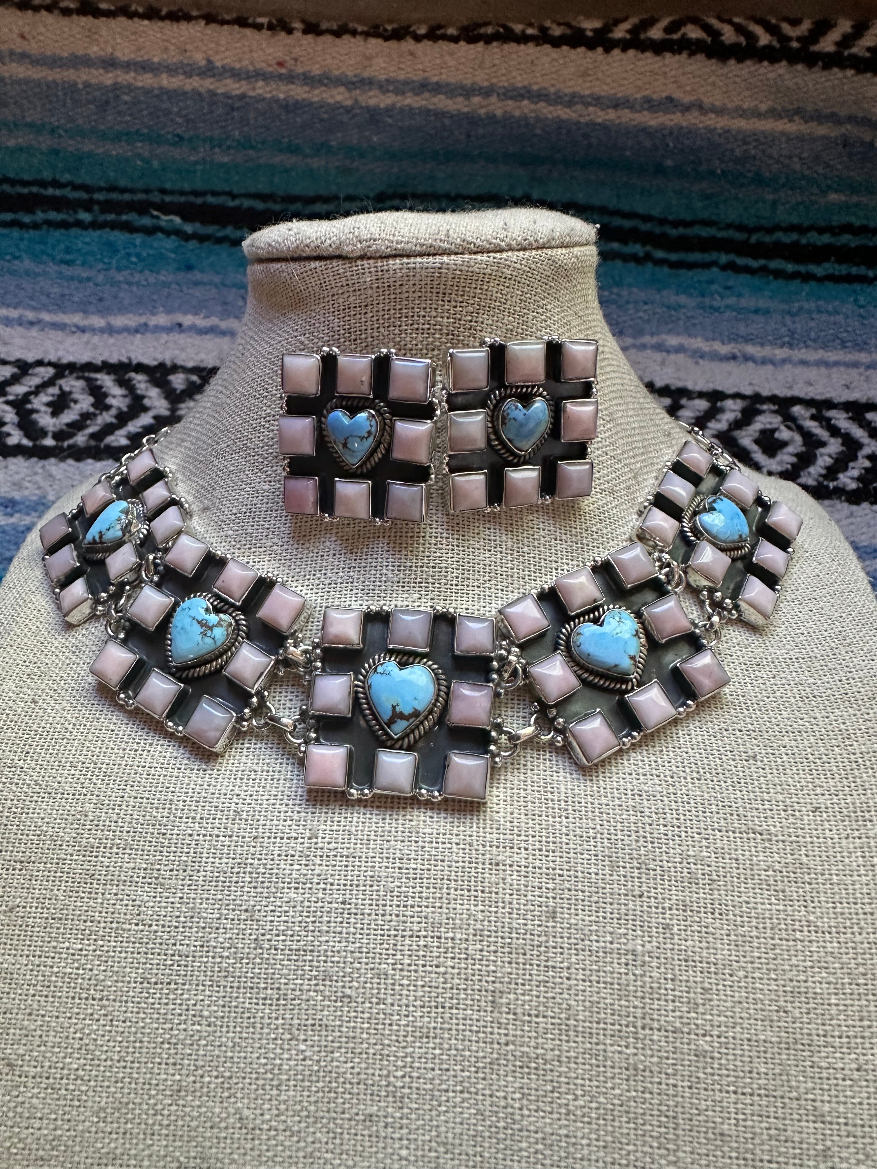 Handmade Sterling Silver, Pink Conch & Golden Hills Turquoise Set Necklace Signed Nizhoni