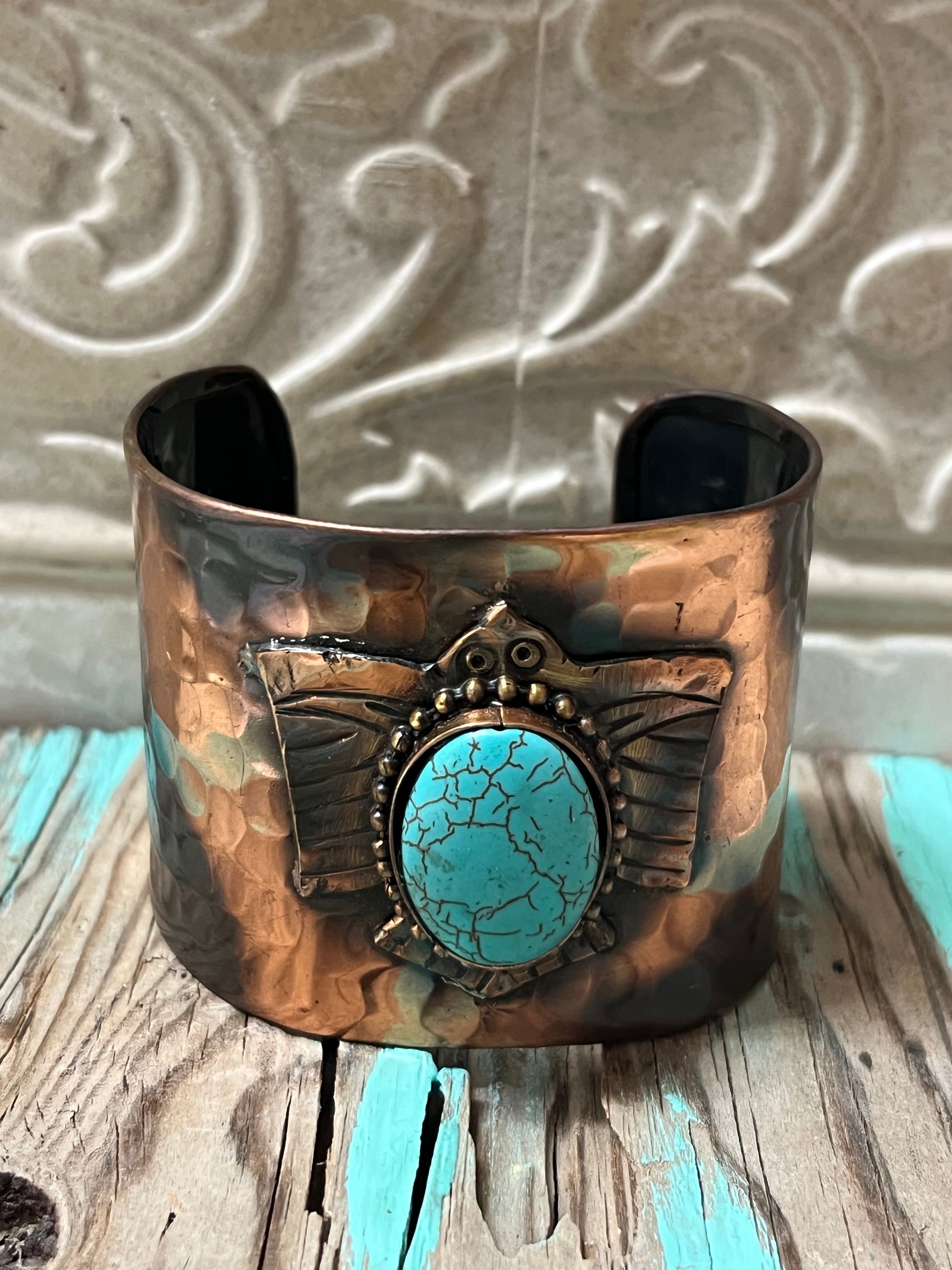 Engraved Copper Cuff Bracelet with Blue Oval Stone