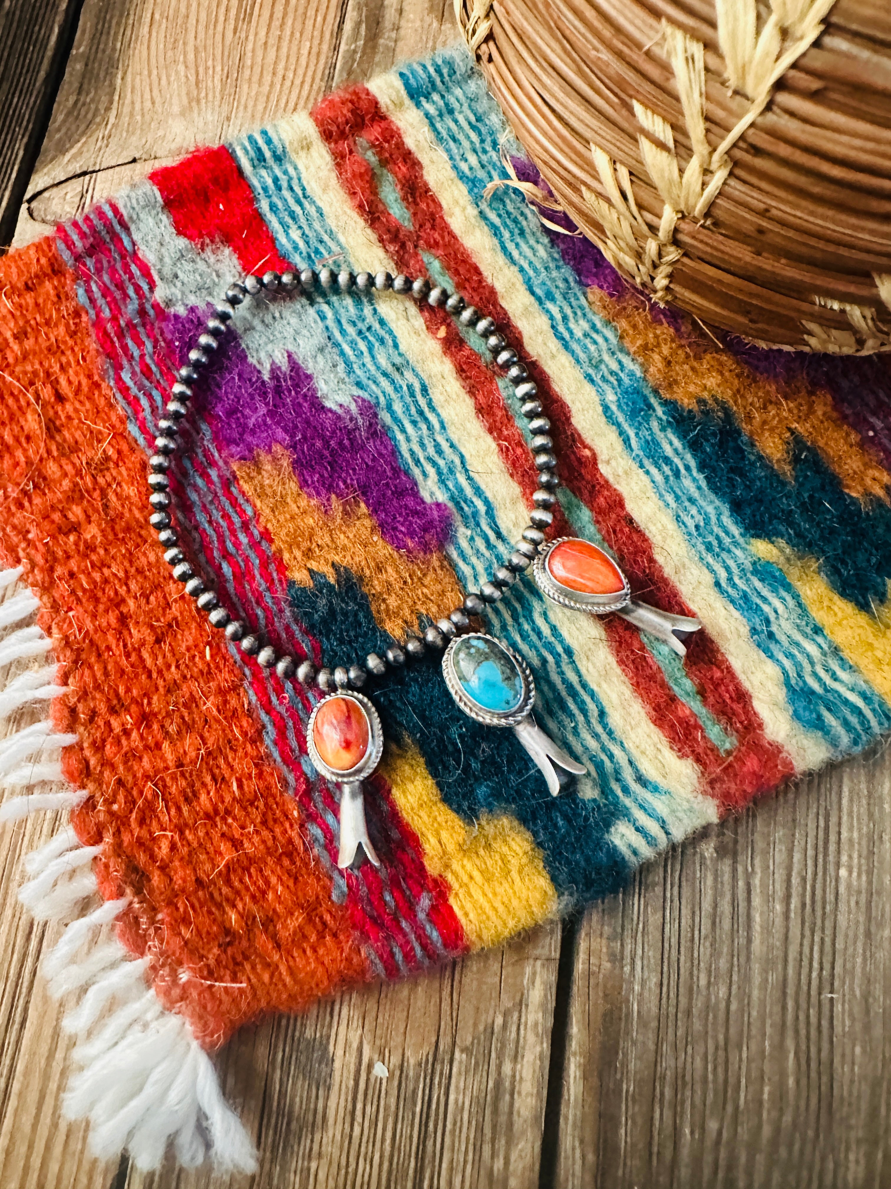 Handcrafted 3mm Sterling Silver Pearl, Turquoise & Spiny Oyster Blossom Stretch Bracelet