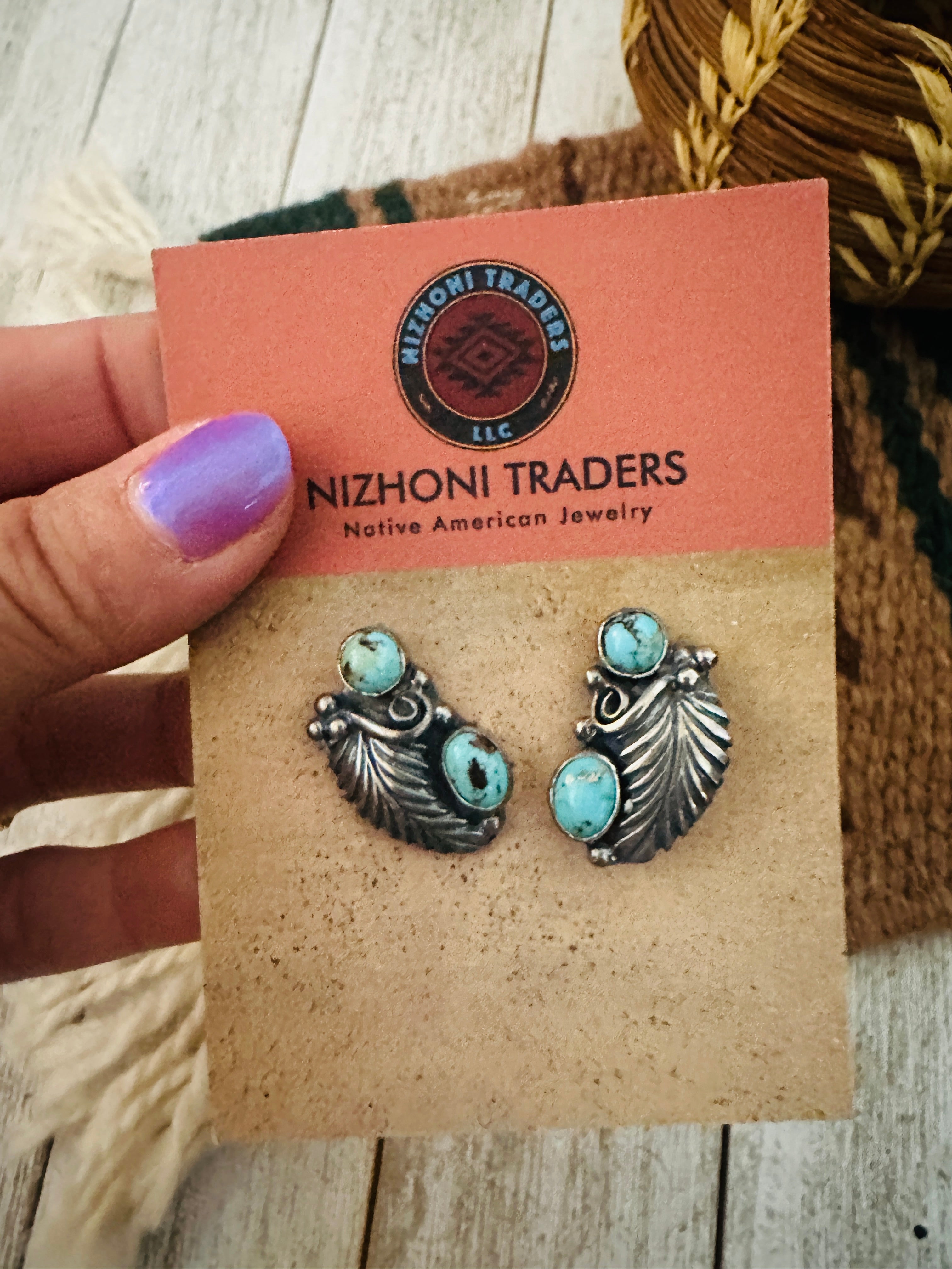 Navajo Turquoise & Sterling Silver Leaf Post Earrings