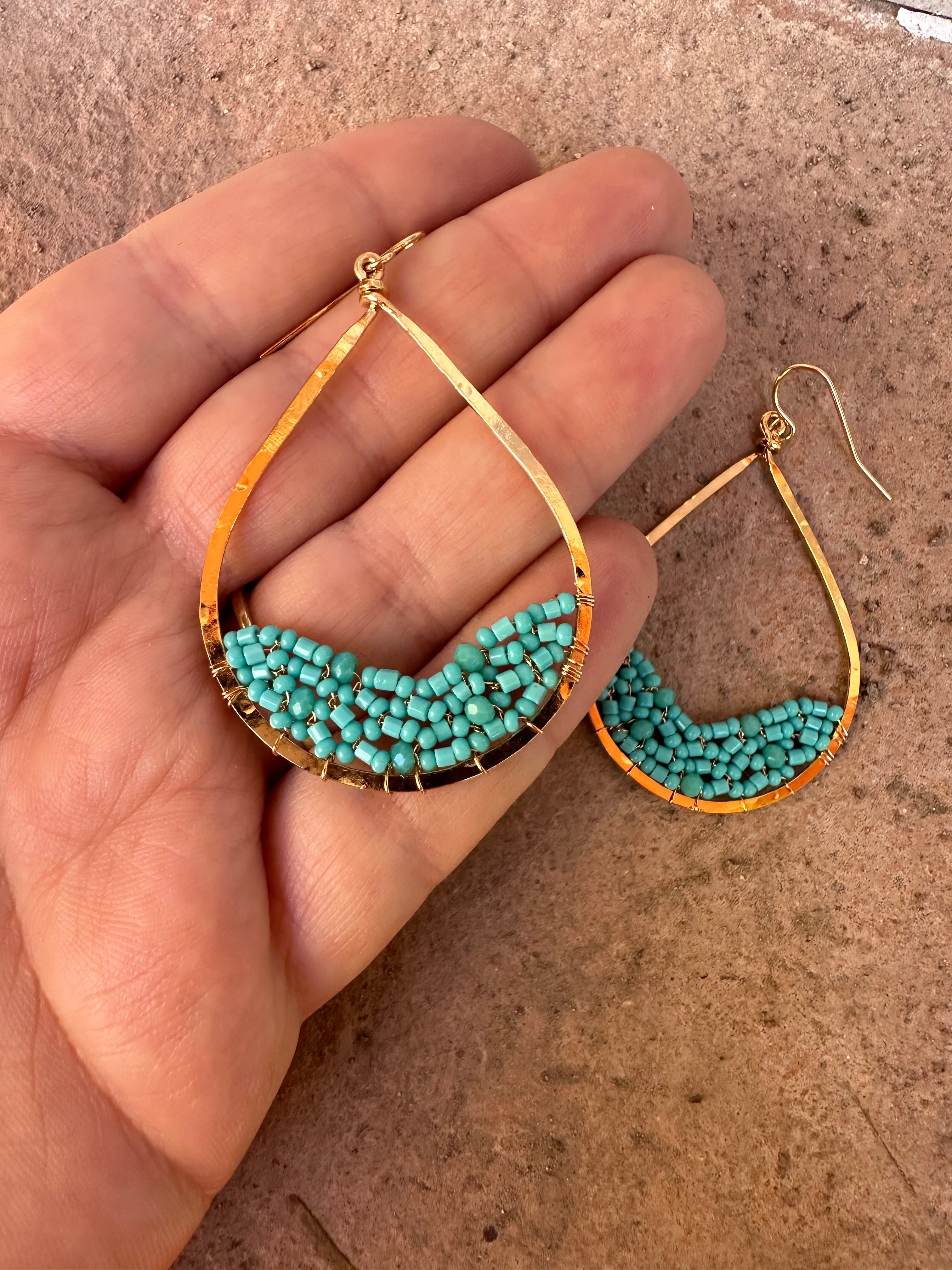 “The Golden Collection” Beach Wave Handmade Turquoise Beaded & 14k Gold Plated Earrings