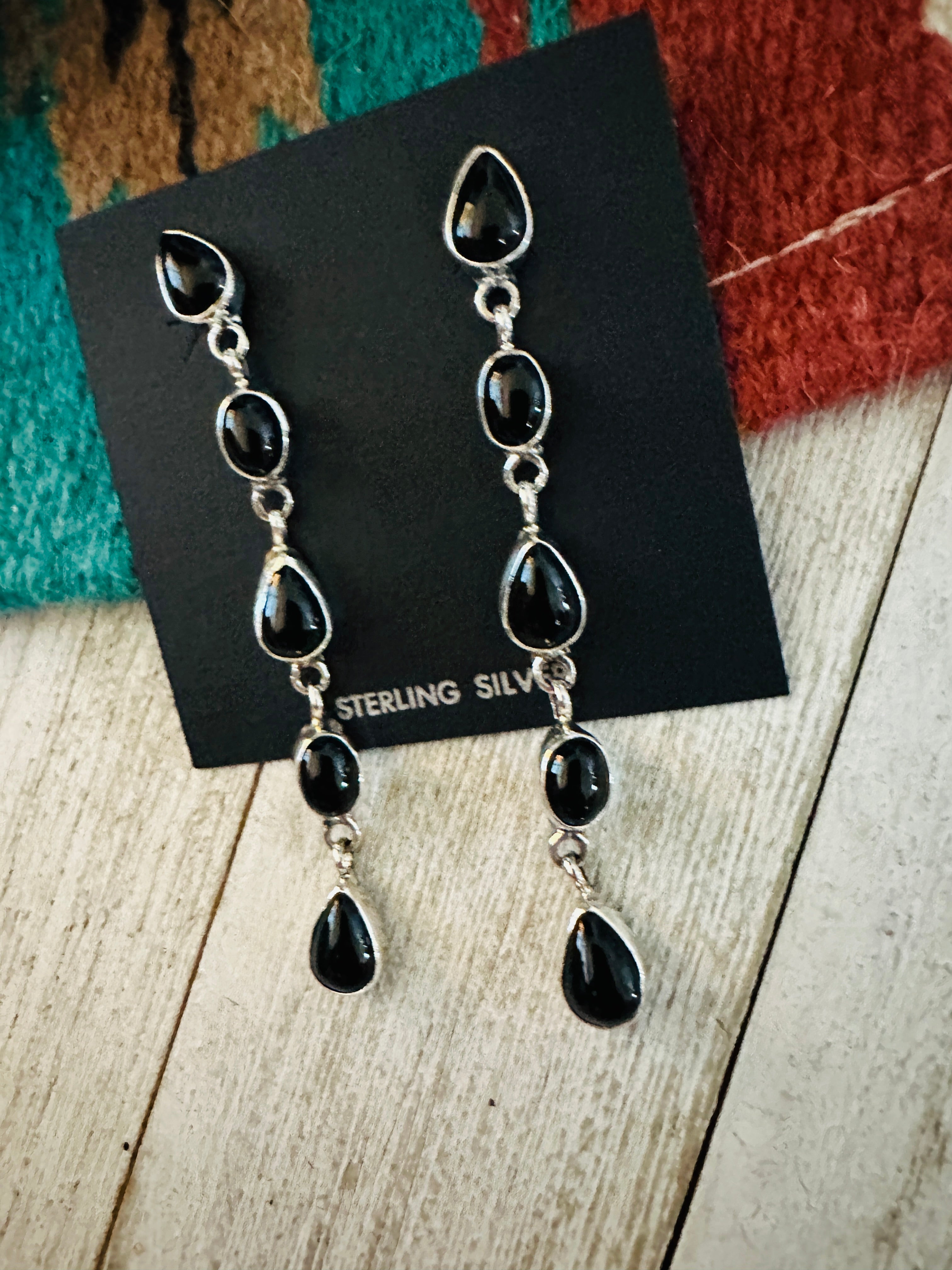 Navajo Onyx & Sterling Silver Dangle Earrings