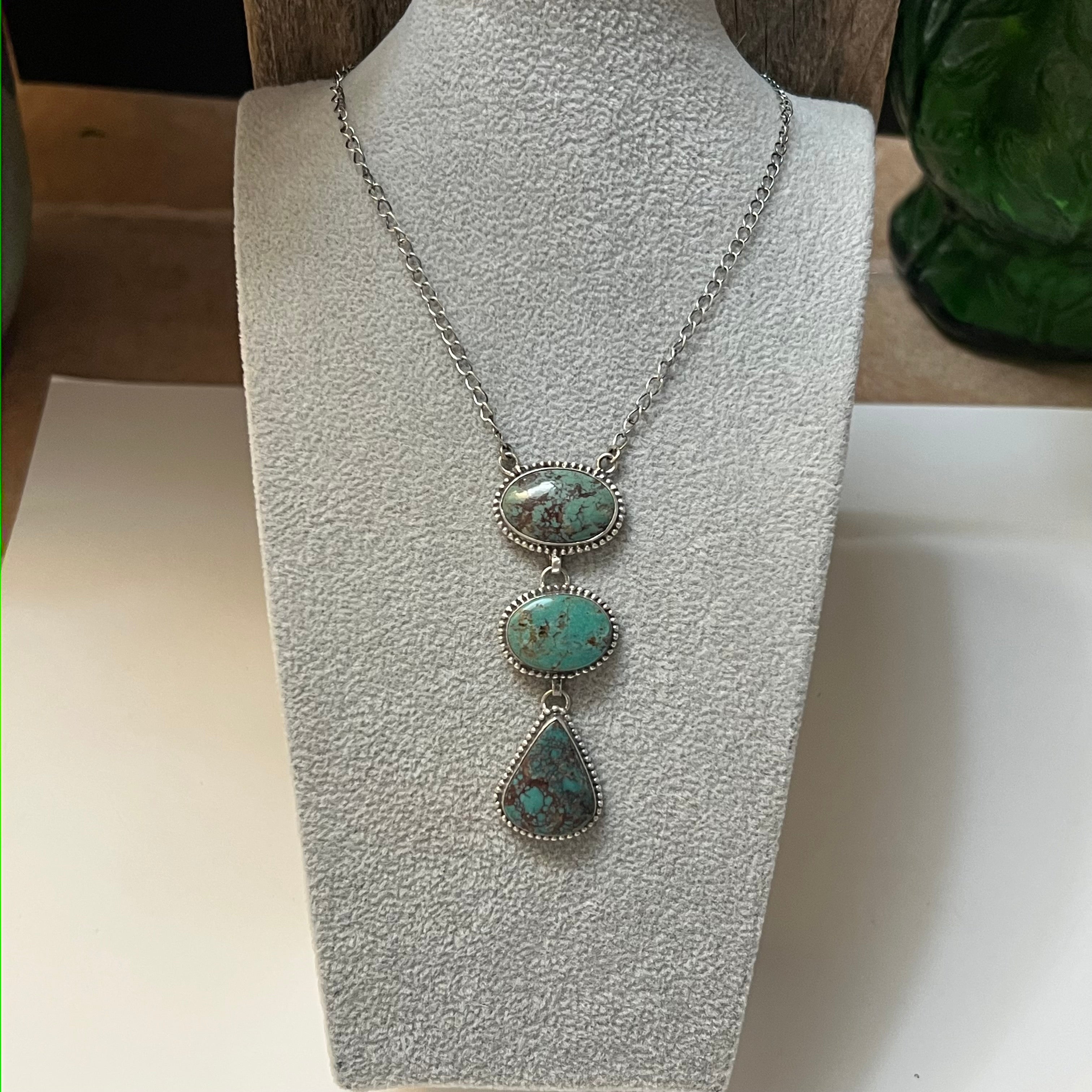 Handmade 3 Stone Turquoise & Sterling Silver Drop Necklace (07)