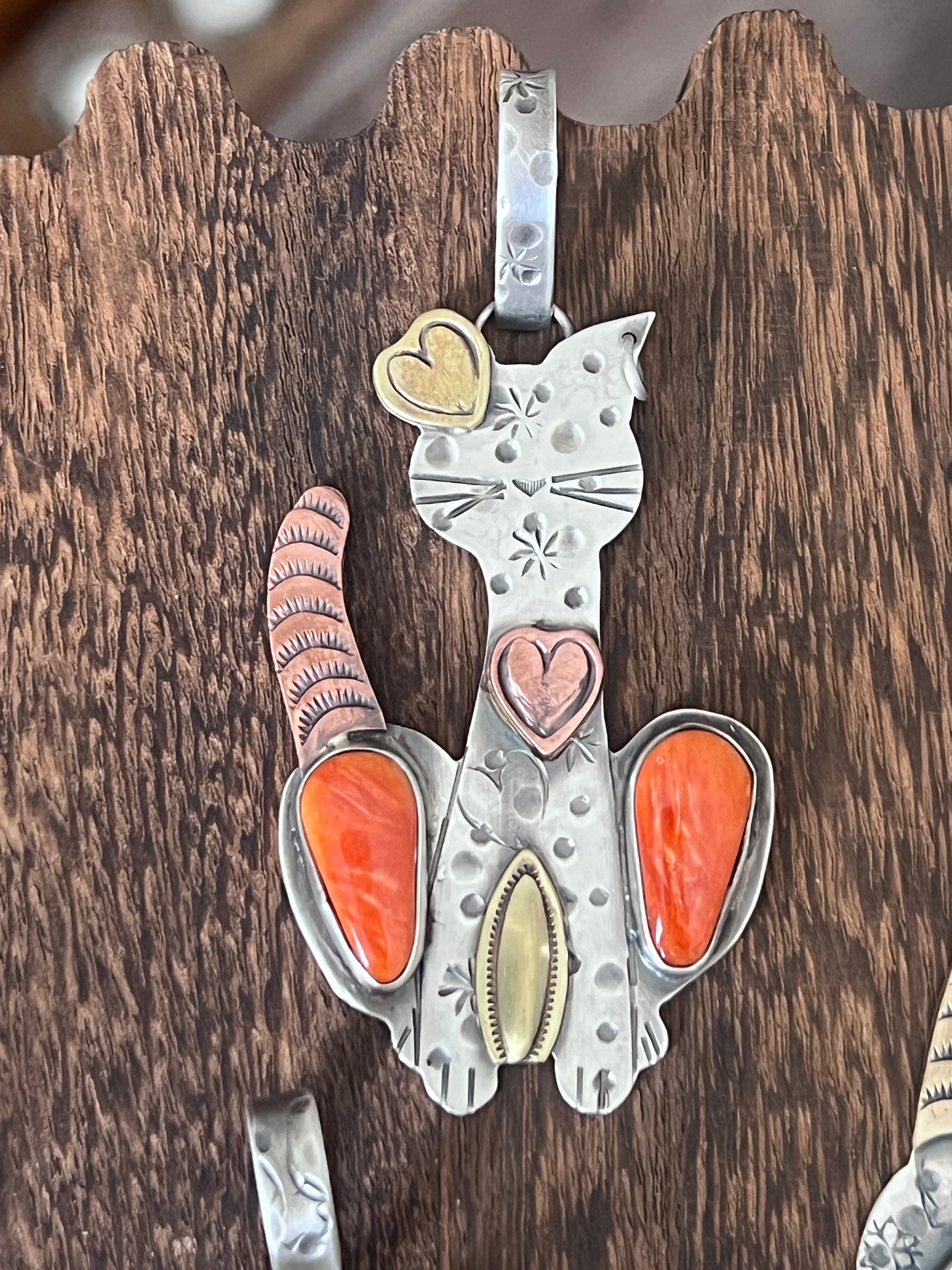 The Kimi-Cats: Hand Stamped and Layered Sterling Silver, Brass, Copper, Turquoise & Spiny Oyster Cat Pendants by Kimari Somers