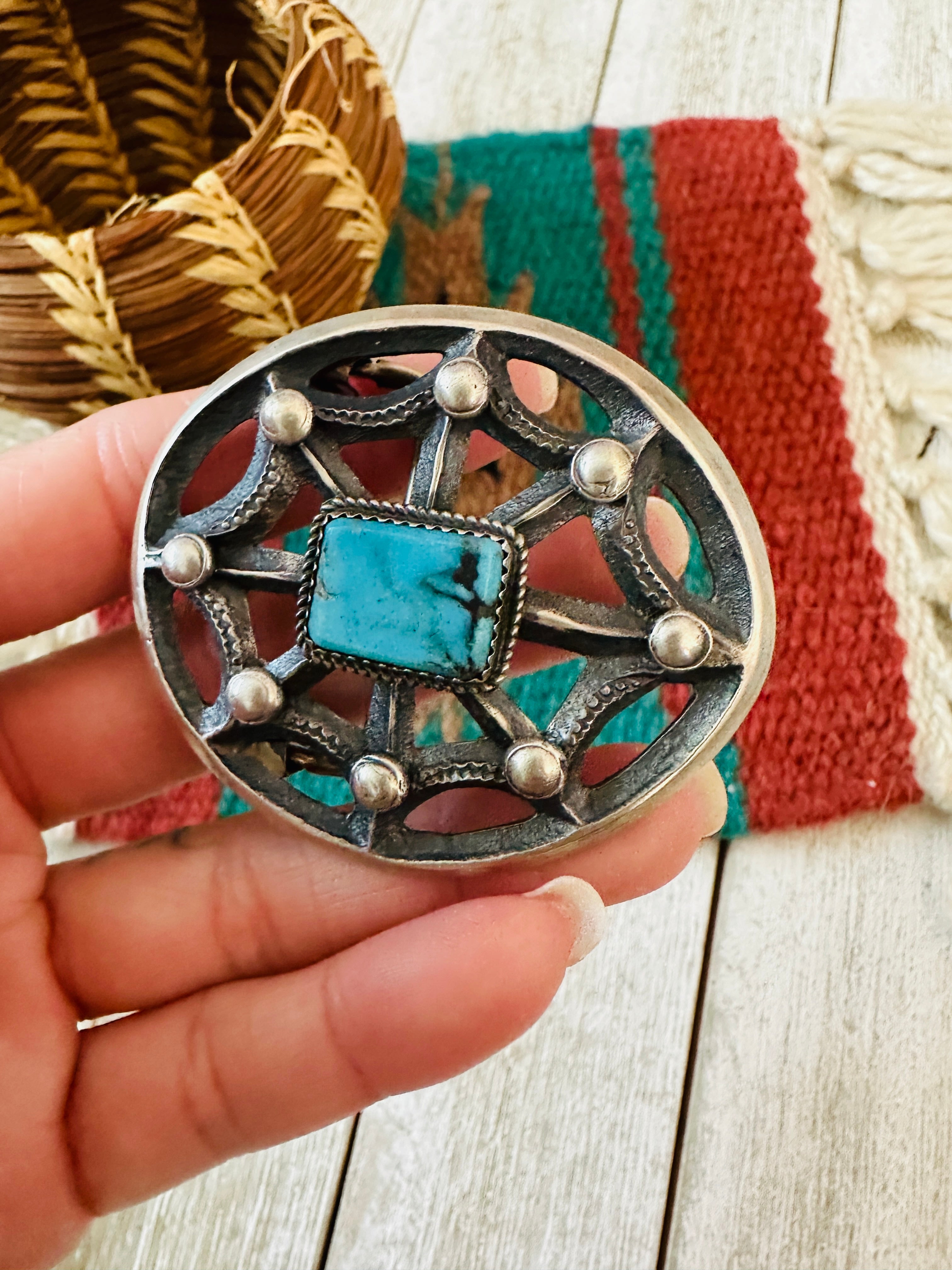 Handcrafted Turquoise & Sterling Silver Belt Buckle by Martha Cayatineto
