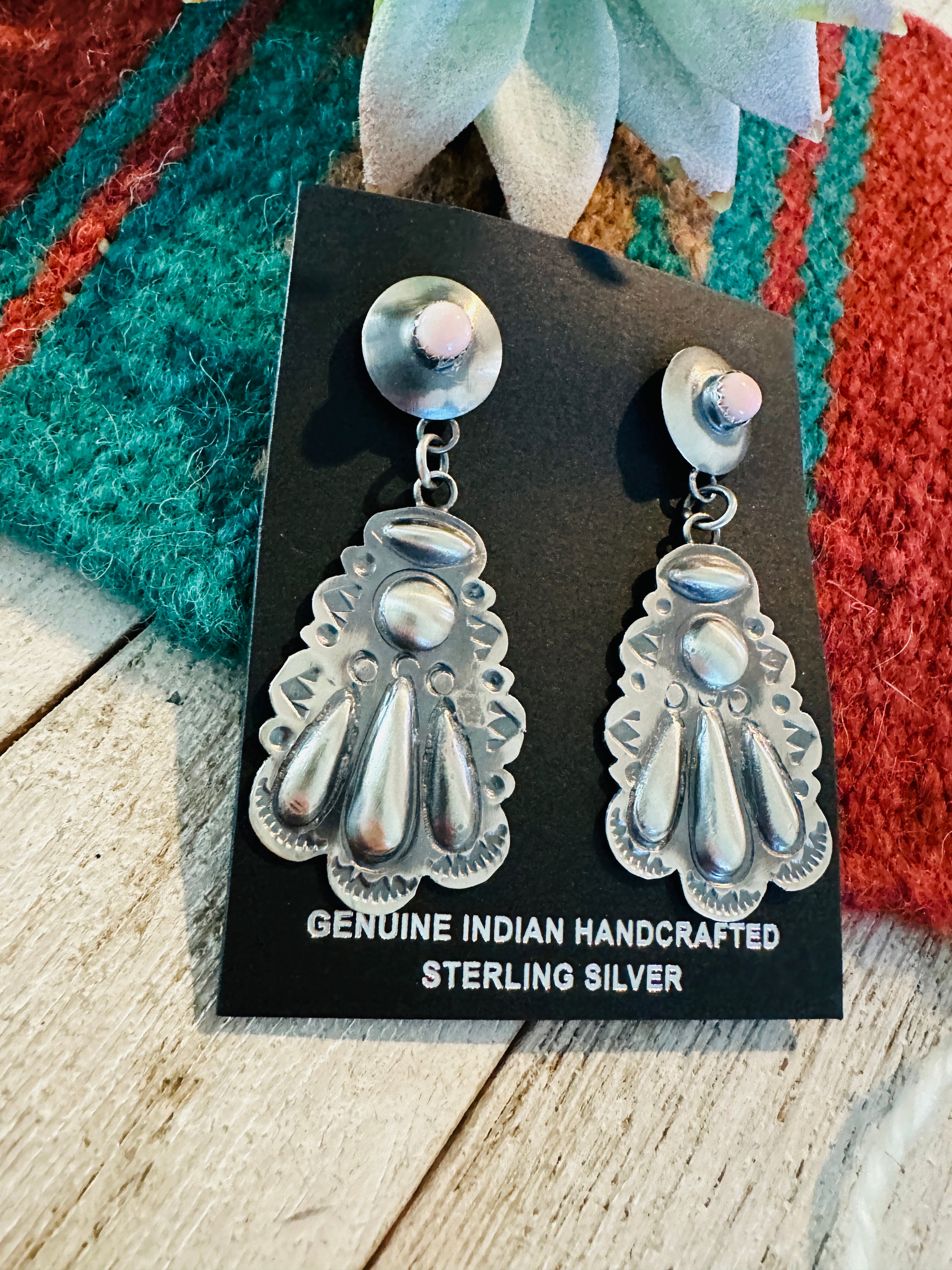 Navajo Queen Pink Conch & Sterling Silver Concho Dangle Earrings