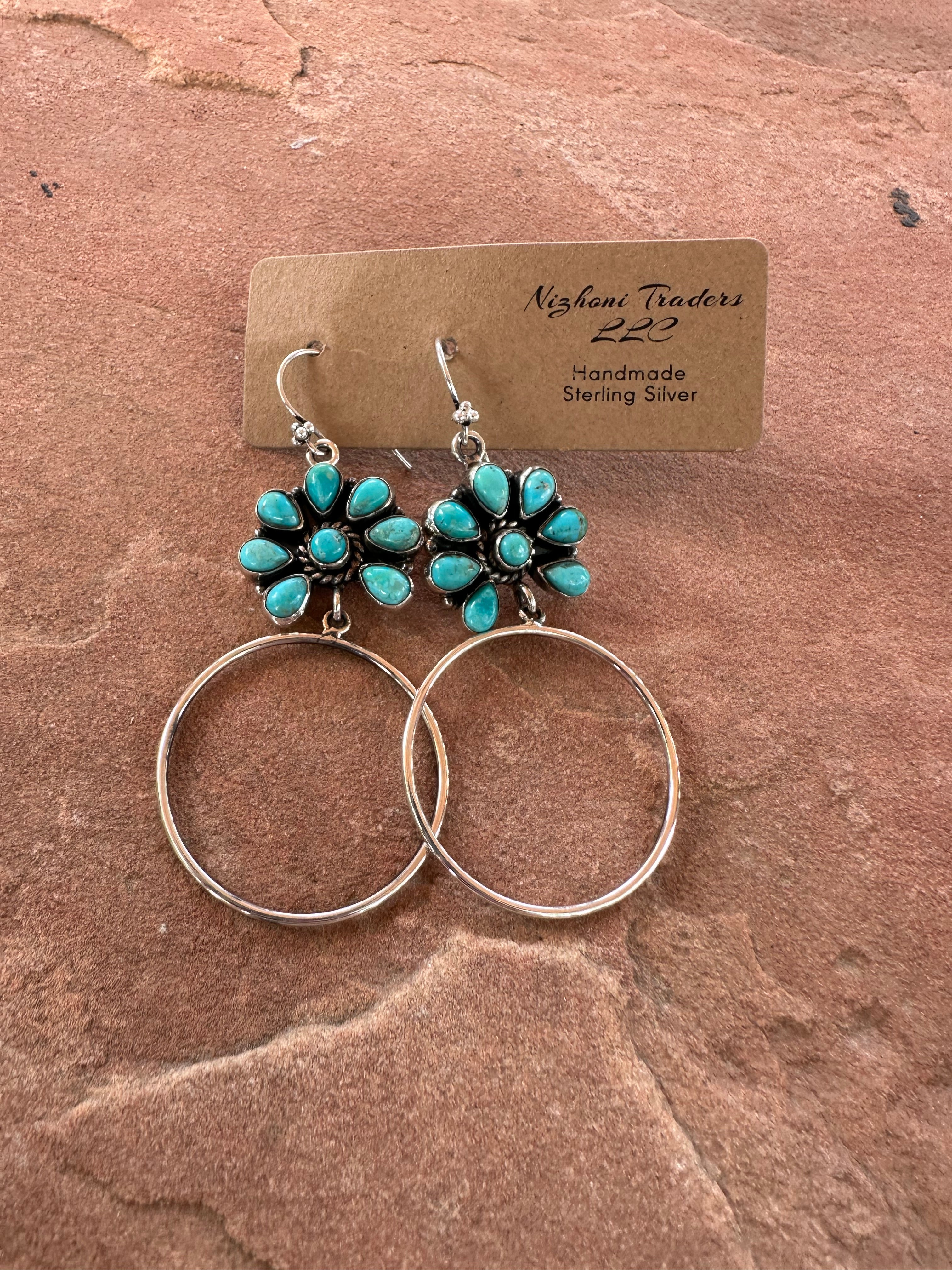 Handmade Turquoise & Sterling Silver Dangle Hoop Earrings Signed Nizhoni