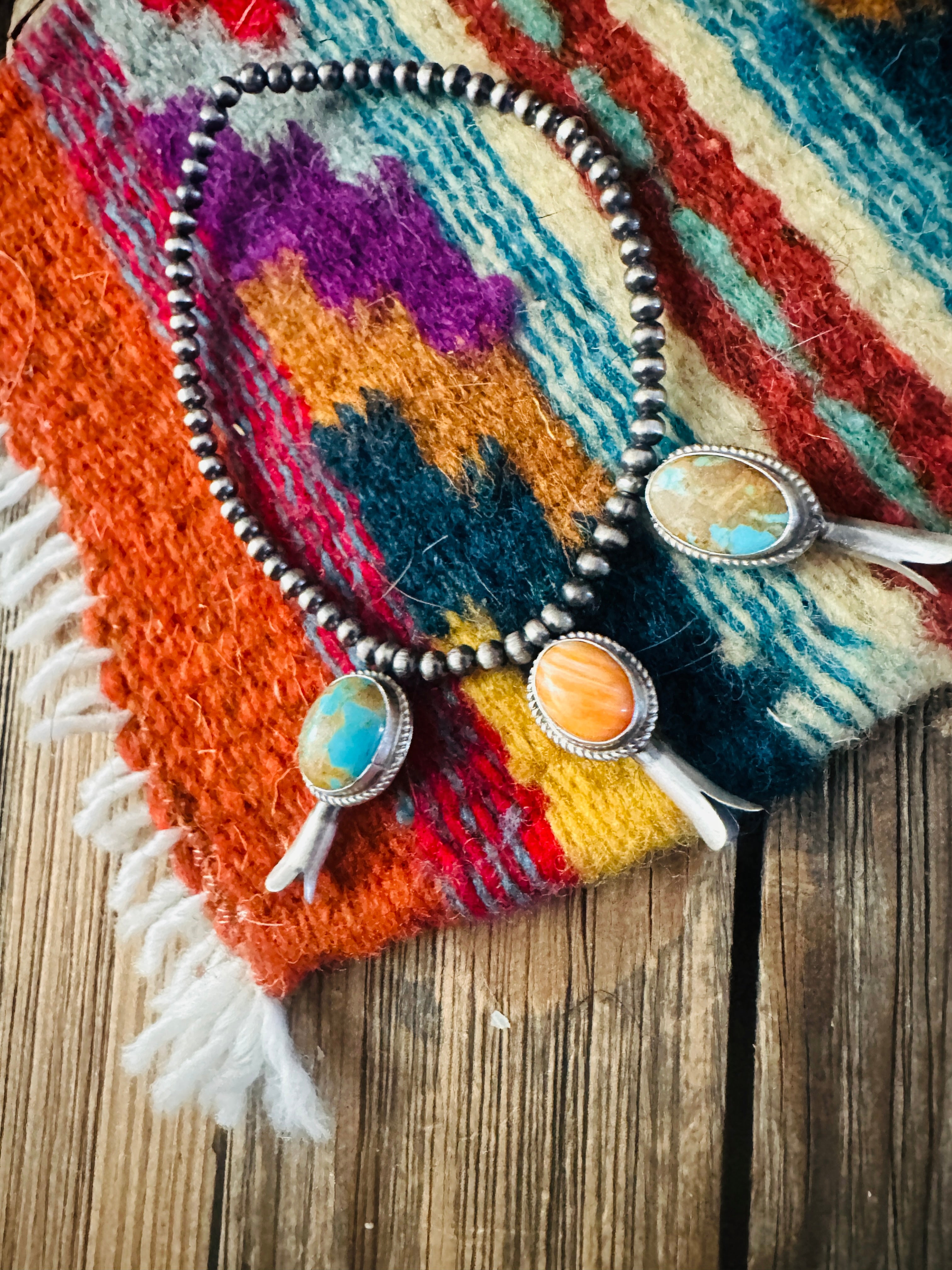 Handcrafted 3mm Sterling Silver Pearl, Turquoise & Spiny Oyster Blossom Stretch Bracelet