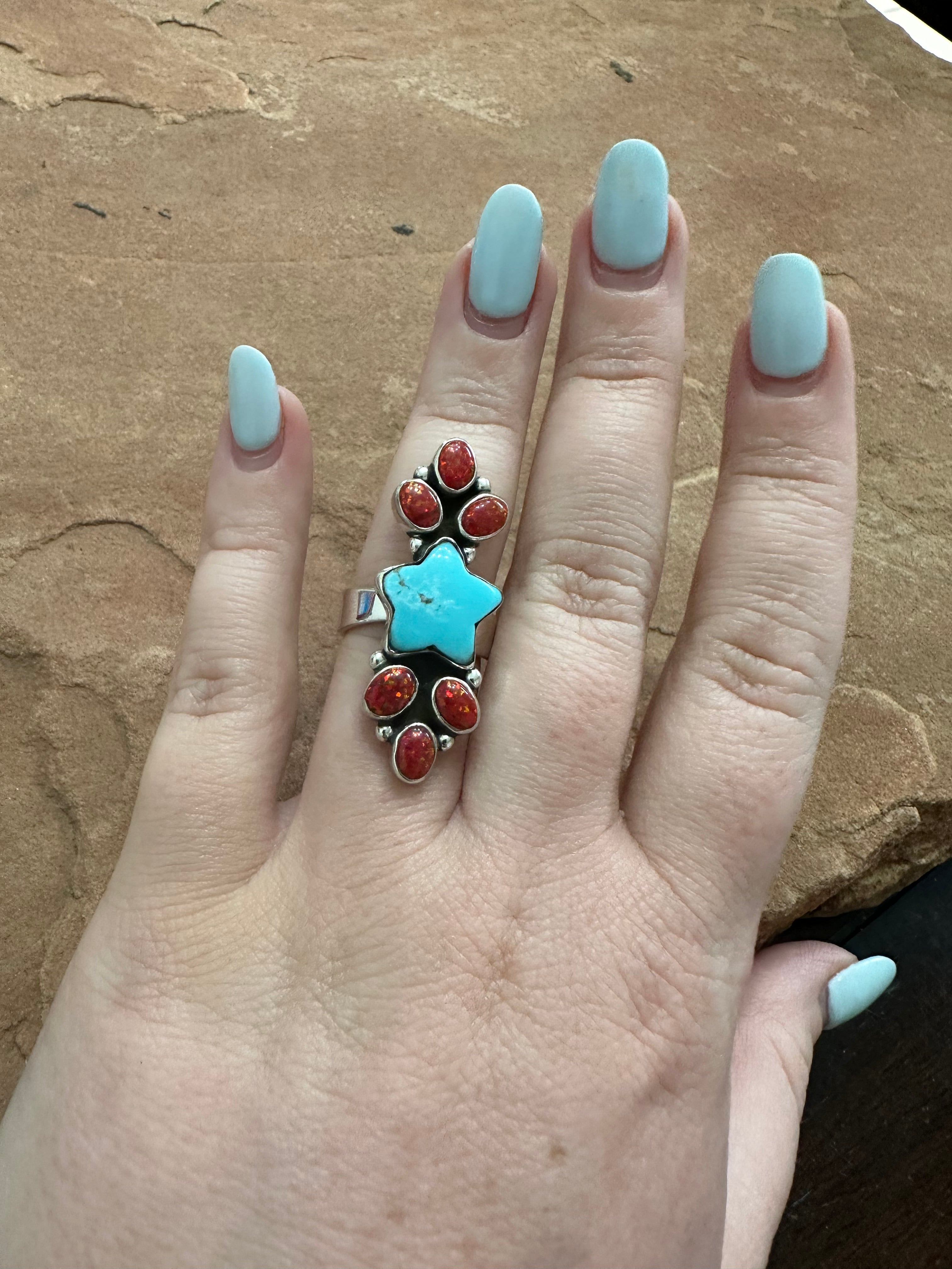 Beautiful Handmade Turquoise, Red Fire Opal And Sterling Silver Adjustable Star Ring