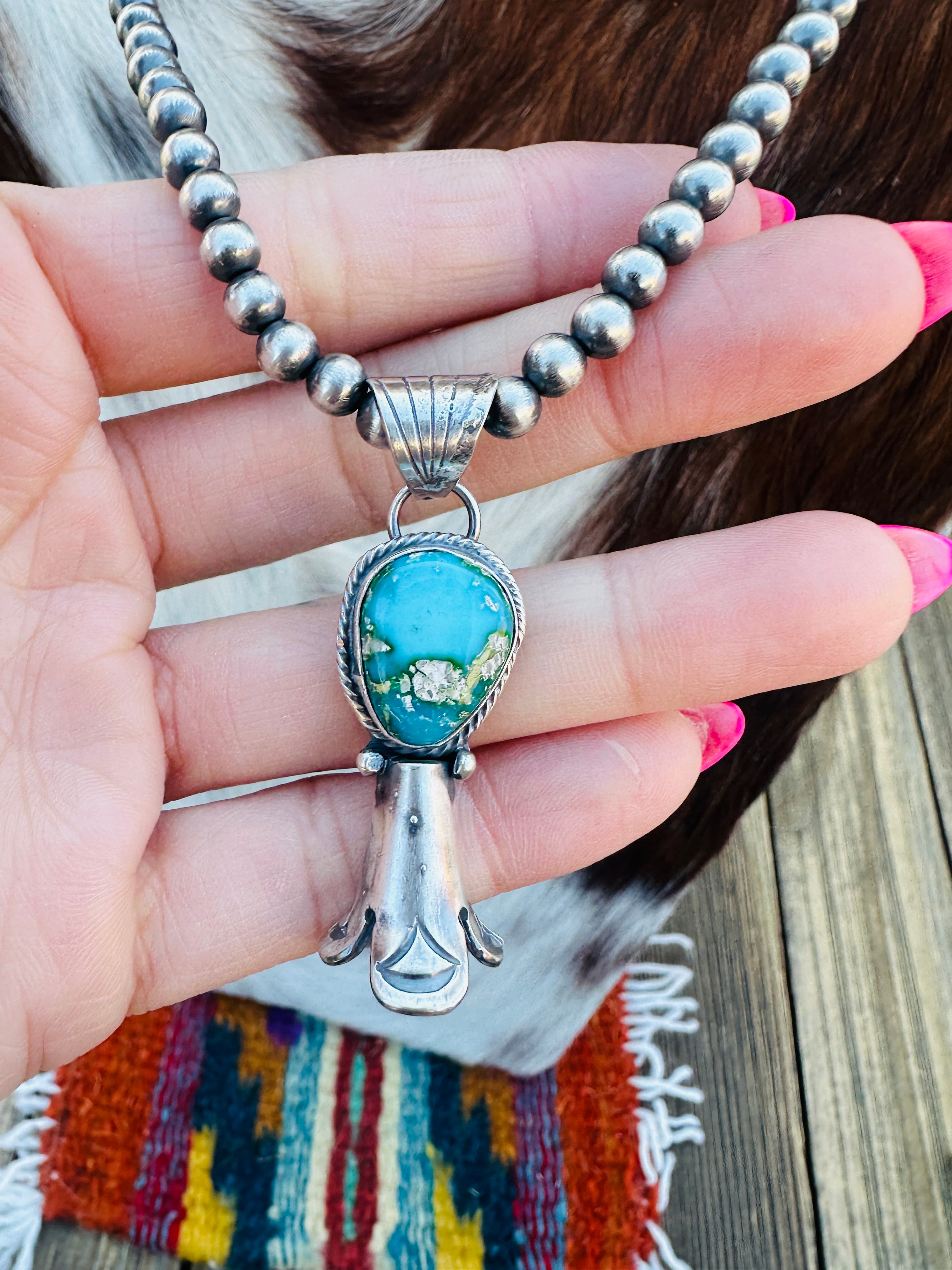 Handcrafted Turquoise & Sterling Silver Beaded Blossom Necklace