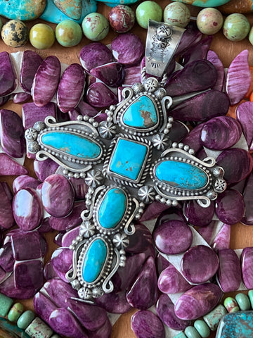 Sterling Silver and Royston Turquoise Cross Pendant by Rosella Paxson