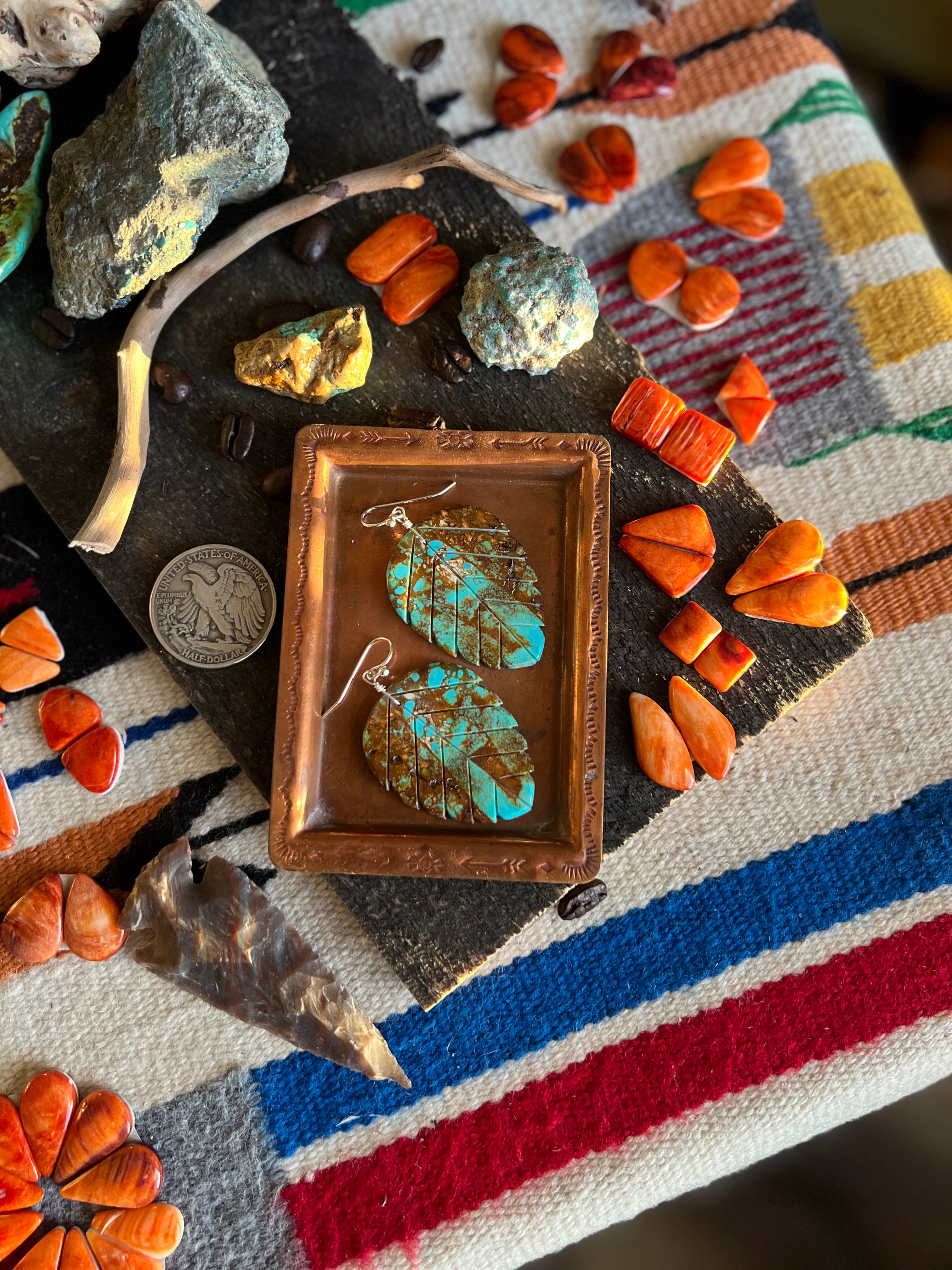 Santo Domingo Carved Turquoise Leaf Earrings by Ronald Chavez