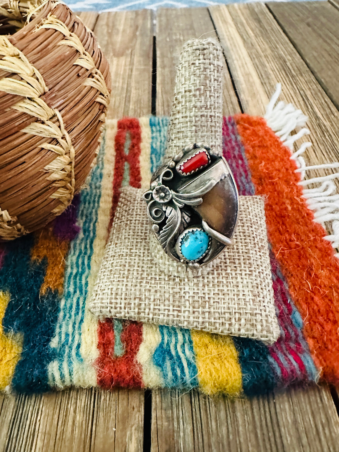 Old Pawn Handcrafted Turquoise, Coral & Sterling Silver Ring Size 11.5