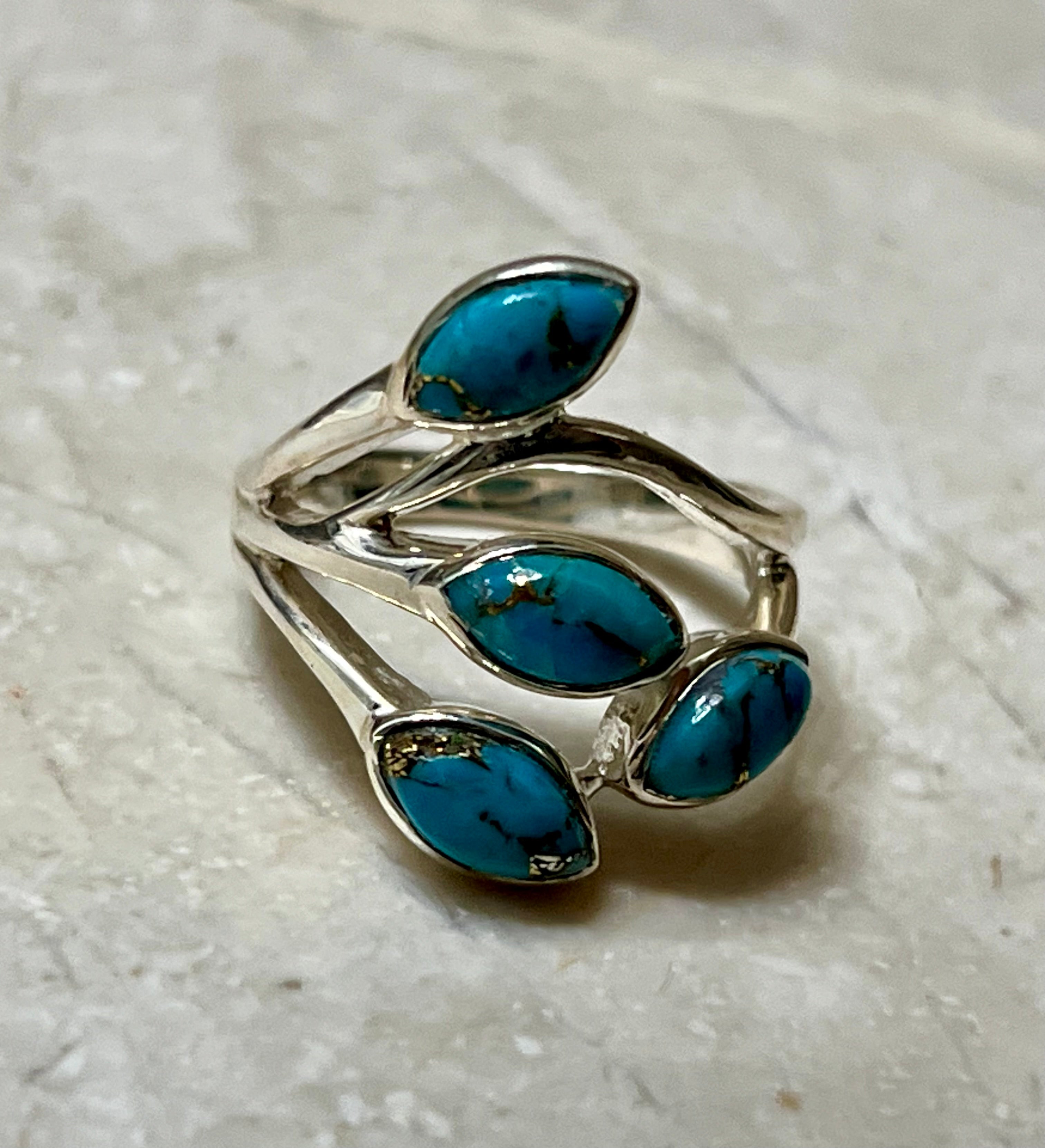 Four Stone Blue Copper Turquoise Sterling Silver Ring Size 8