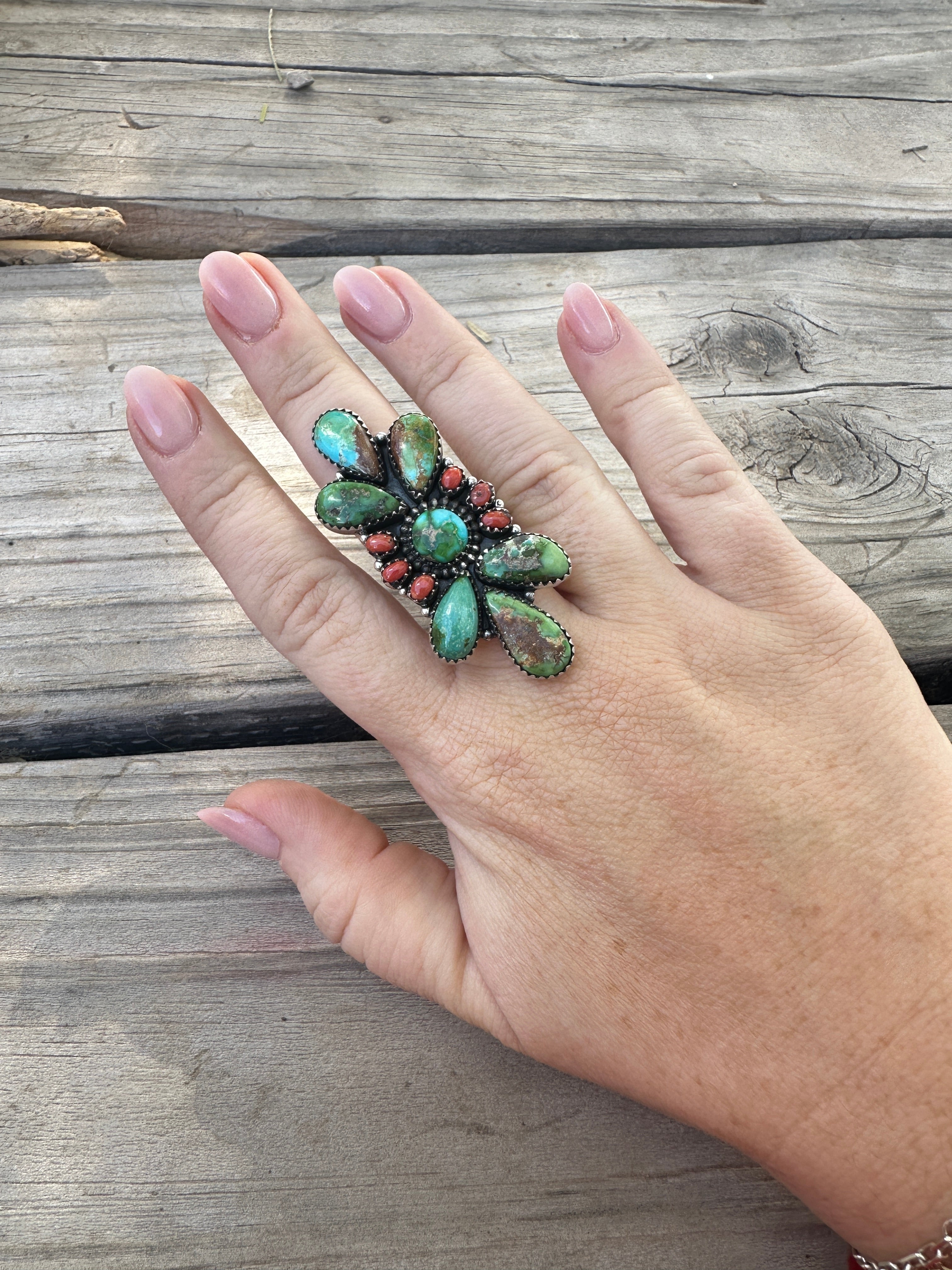 Beautiful Handmade Coral, Sonoran Turquoise And Sterling Silver Adjustable Ring 2