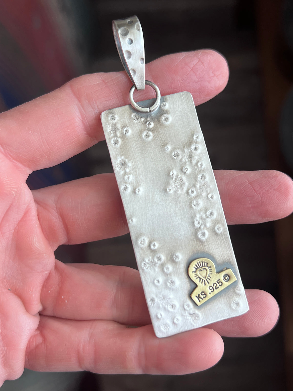 Kimari Somers Hand Stamped Sterling Silver, Copper, Brass & Kingman Turquoise Prickly Pear Cactus Moon Pendant