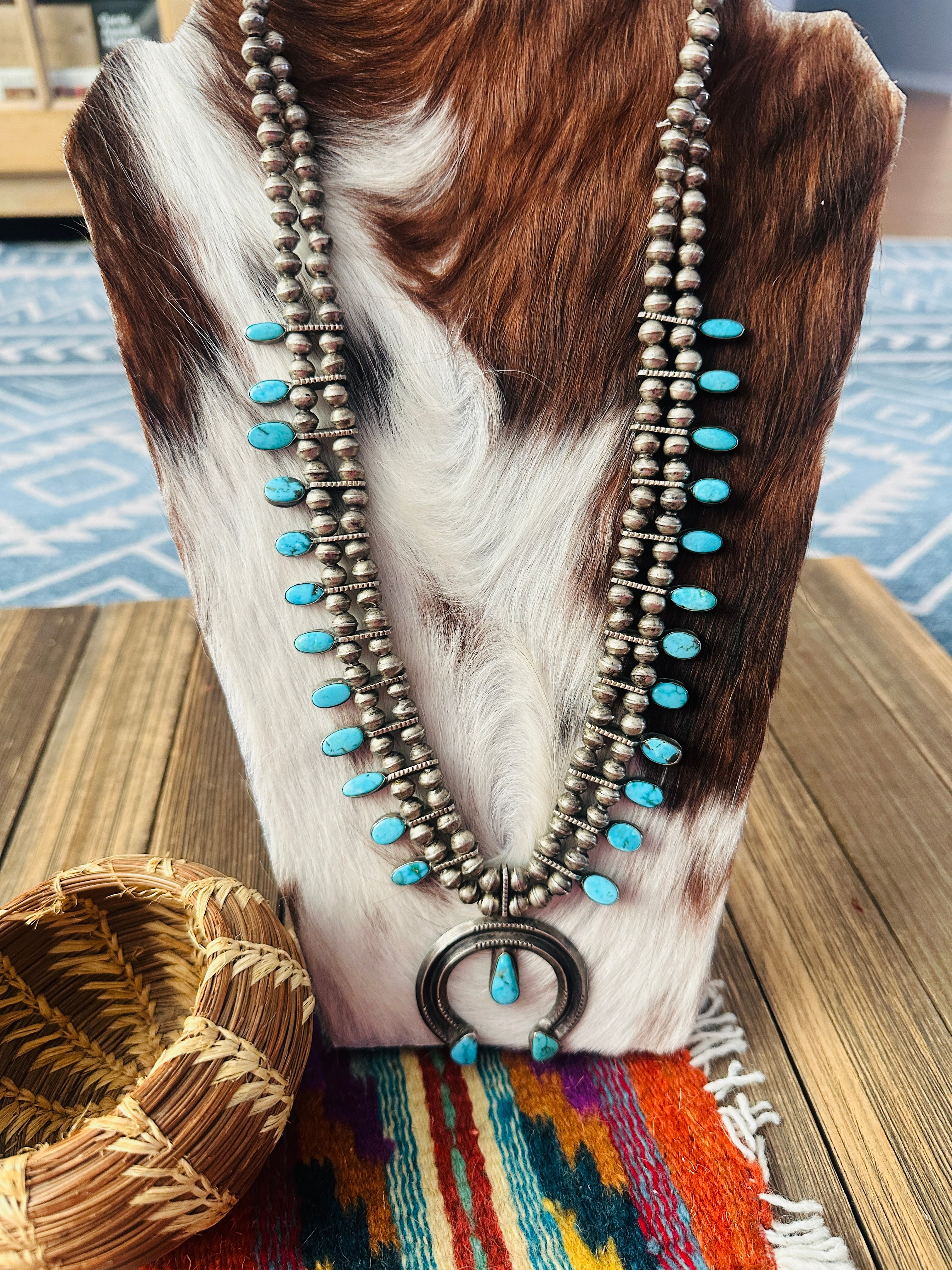 Oxidized shade​【龍ノ頸珠】 Old Pawn Handcrafted Turquoise & Sterling Silver Squash Blossom Neckla