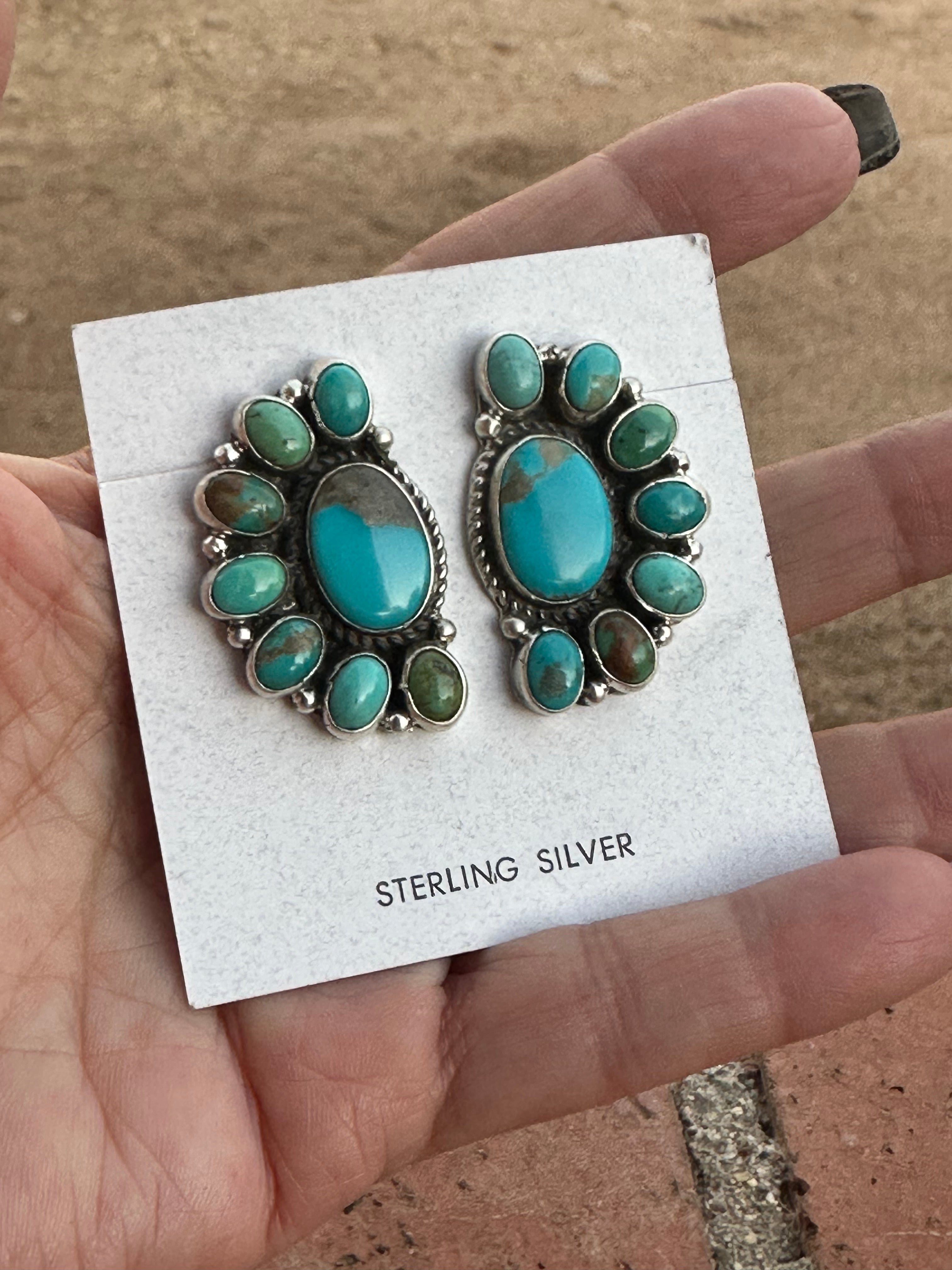 Navajo Geraldine James Turquoise Sterling Silver Cluster Stud Earrings