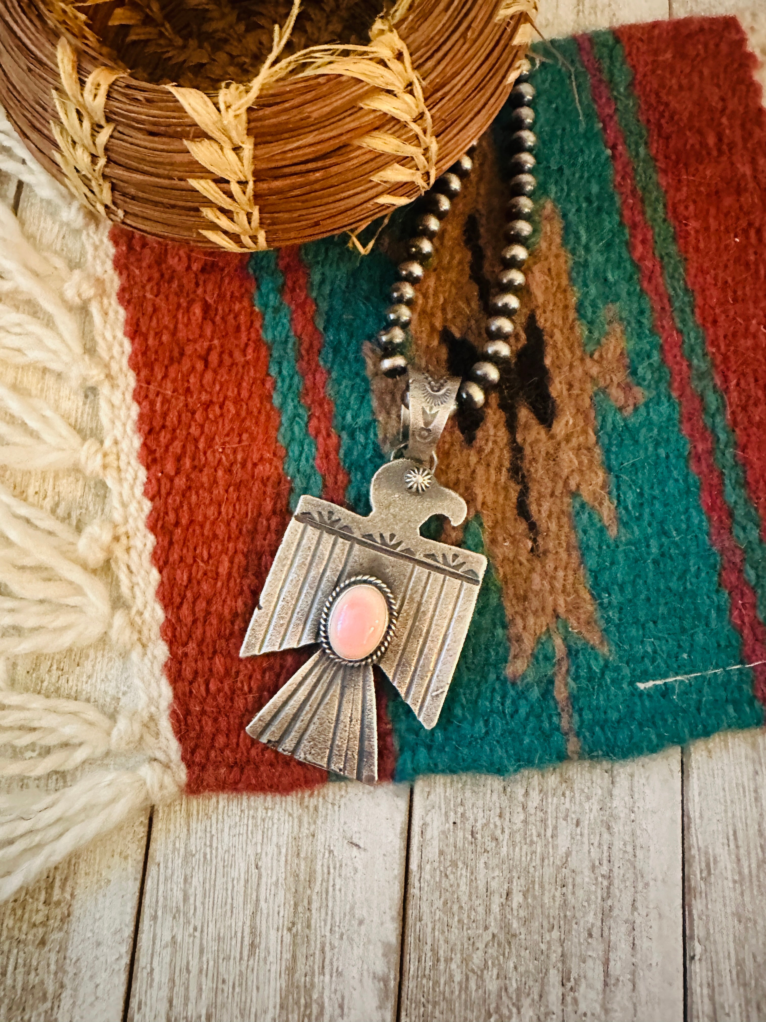 Handcrafted Sterling Silver & Queen Pink Conch Thunderbird Pendant by Kevin Billah