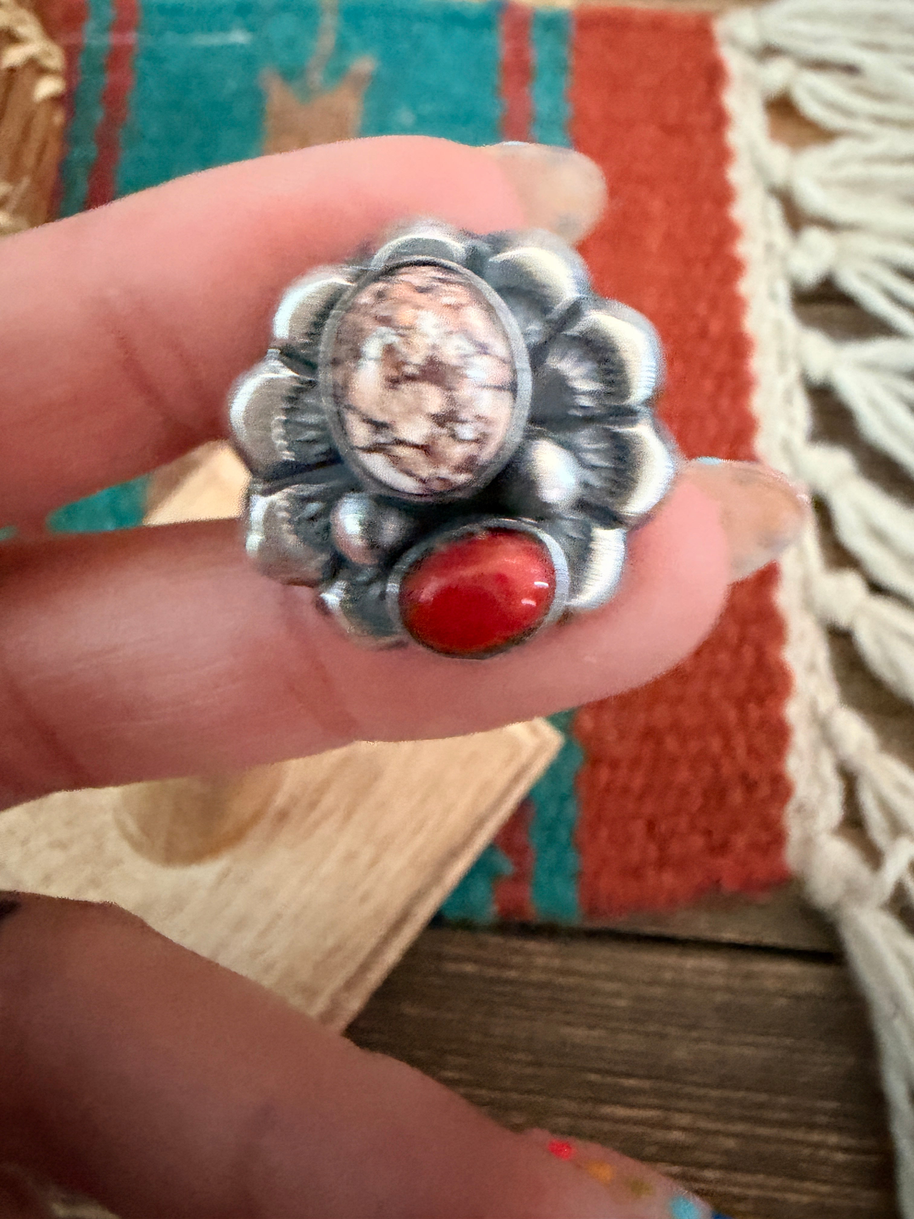 Handcrafted Coral, Wild Horse and Sterling Silver Flower Ring size 8 by Chimney Butte