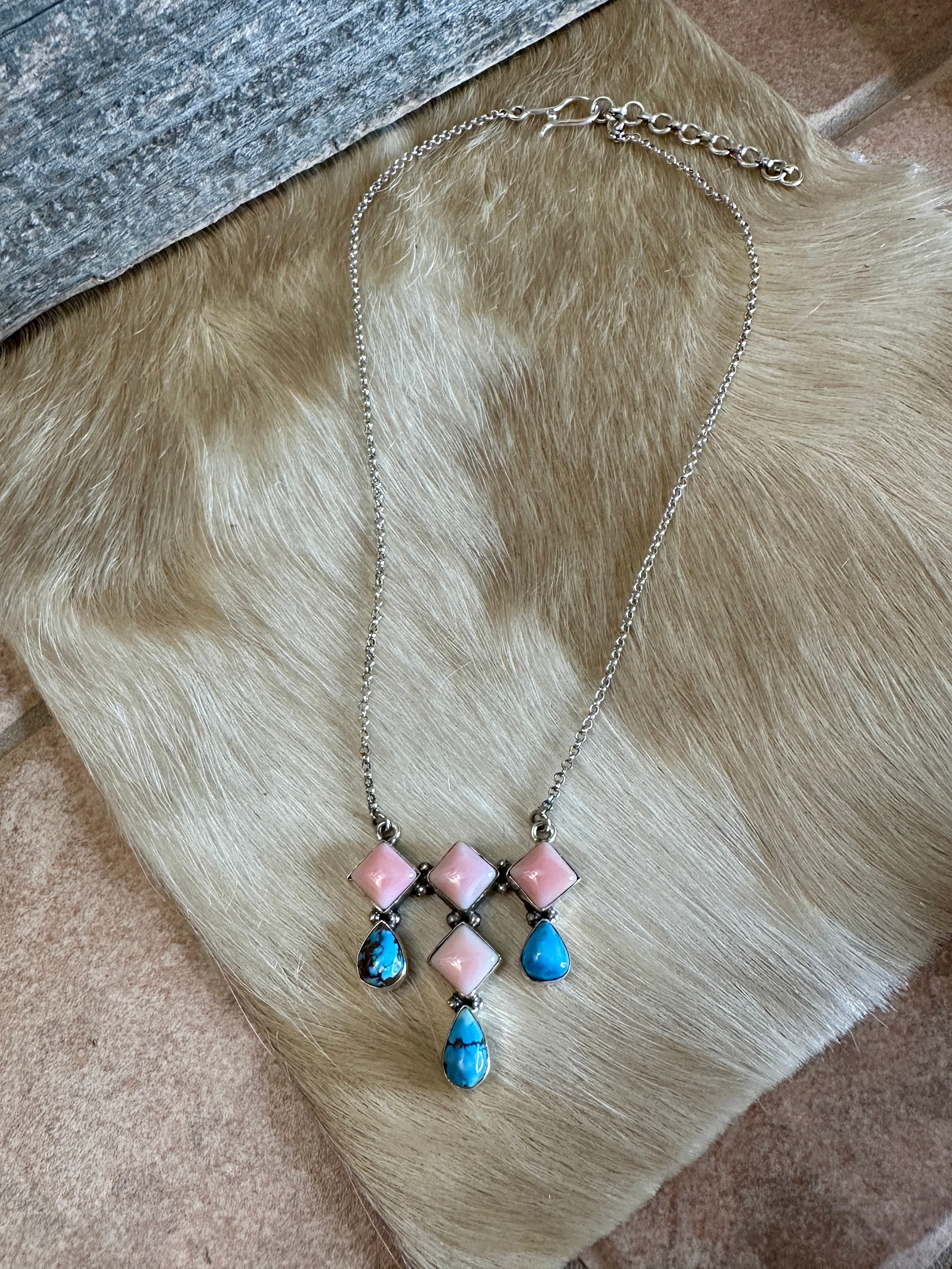 Handmade Golden Hills & Pink Conch Sterling Silver Necklace